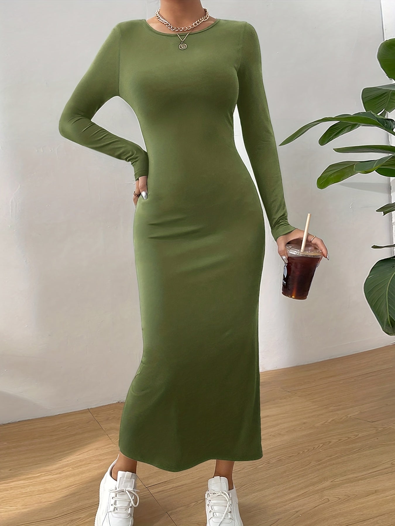 Solid Crew Neck Slim Dress, Elegant Long Sleeve Midi Dress, Women's Clothing
