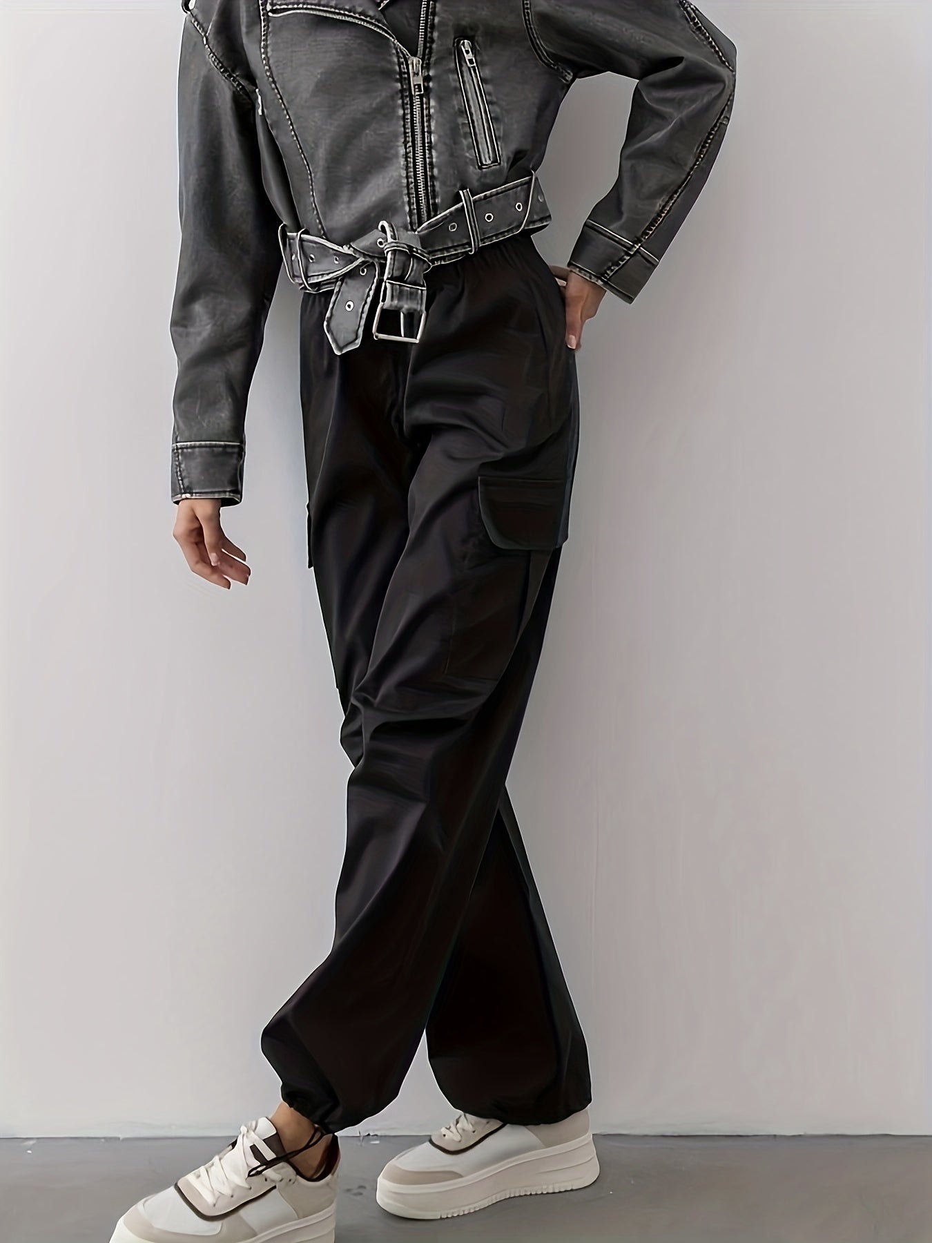 vlovelaw  Faux Leather Pockets Motor Jacket, Casual Long Sleeve Crop Jacket For Fall & Winter, Women's Clothing