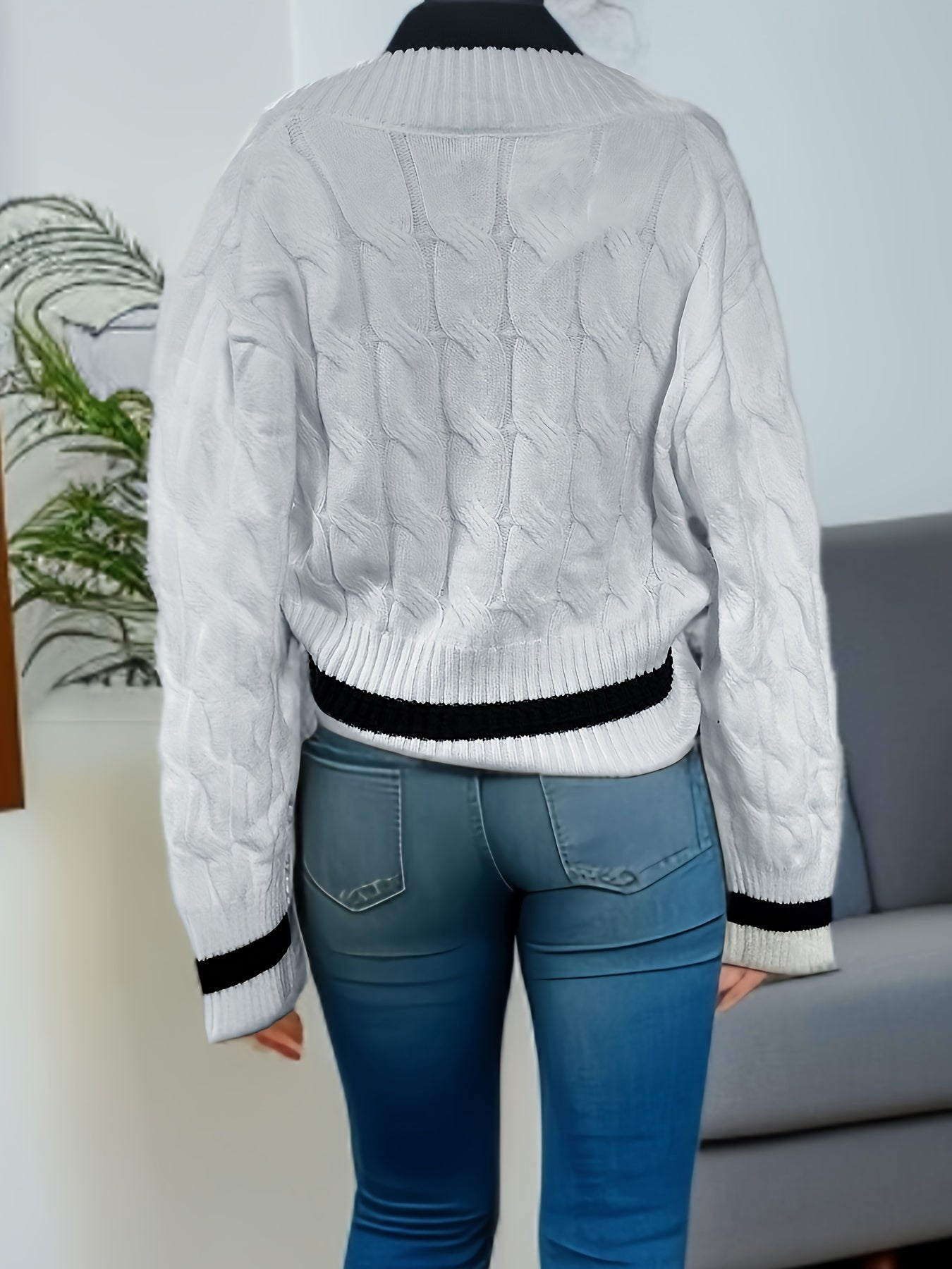 vlovelaw vlovelaw Color Block V Neck Sweater, Chic Long Sleeve Crop Sweater, Women's Clothing