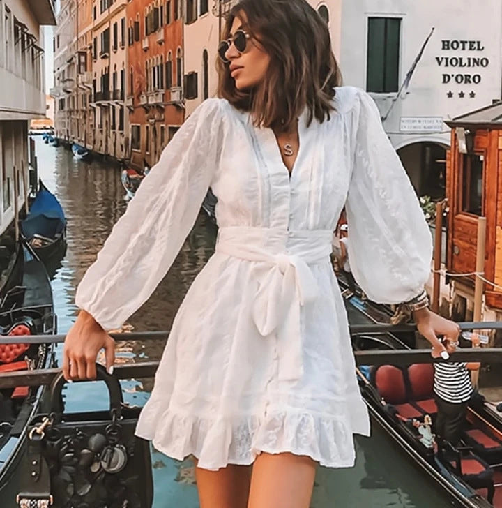 autumn New new women's dress v-neck long-sleeved sweet lace-up ruffle skirt