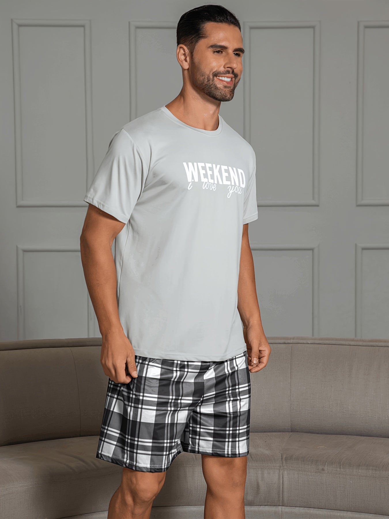 Mens Pajama Set - Relaxed Casual Style with Unique Grey Letter Print and Plaid Shorts, Ultra-Soft and Comfortable for Home and Outdoor Wearing, Perfect for Summer Season