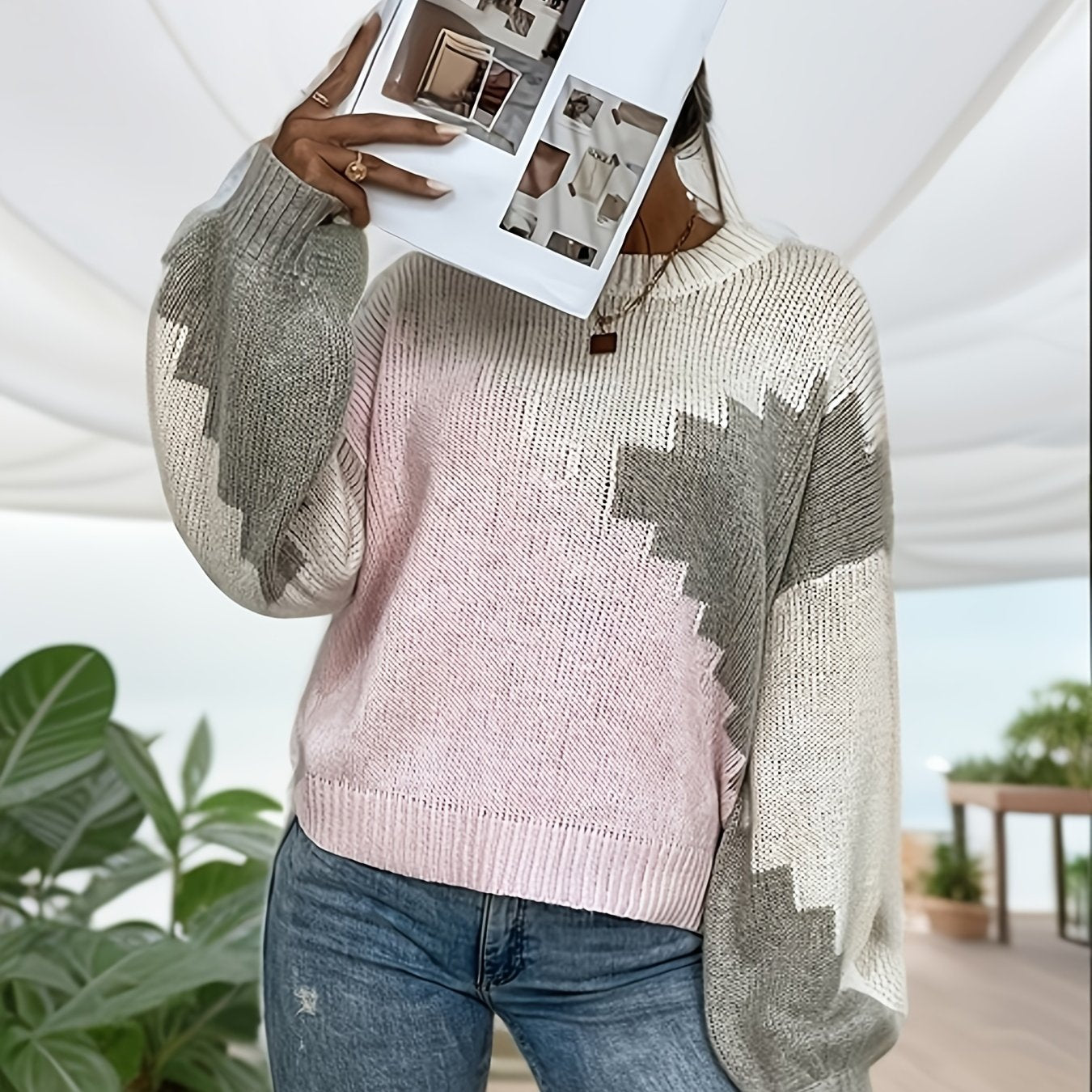 vlovelaw Color Block Crew Neck Sweater, Casual Long Sleeve Drop Shoulder Sweater, Women's Clothing