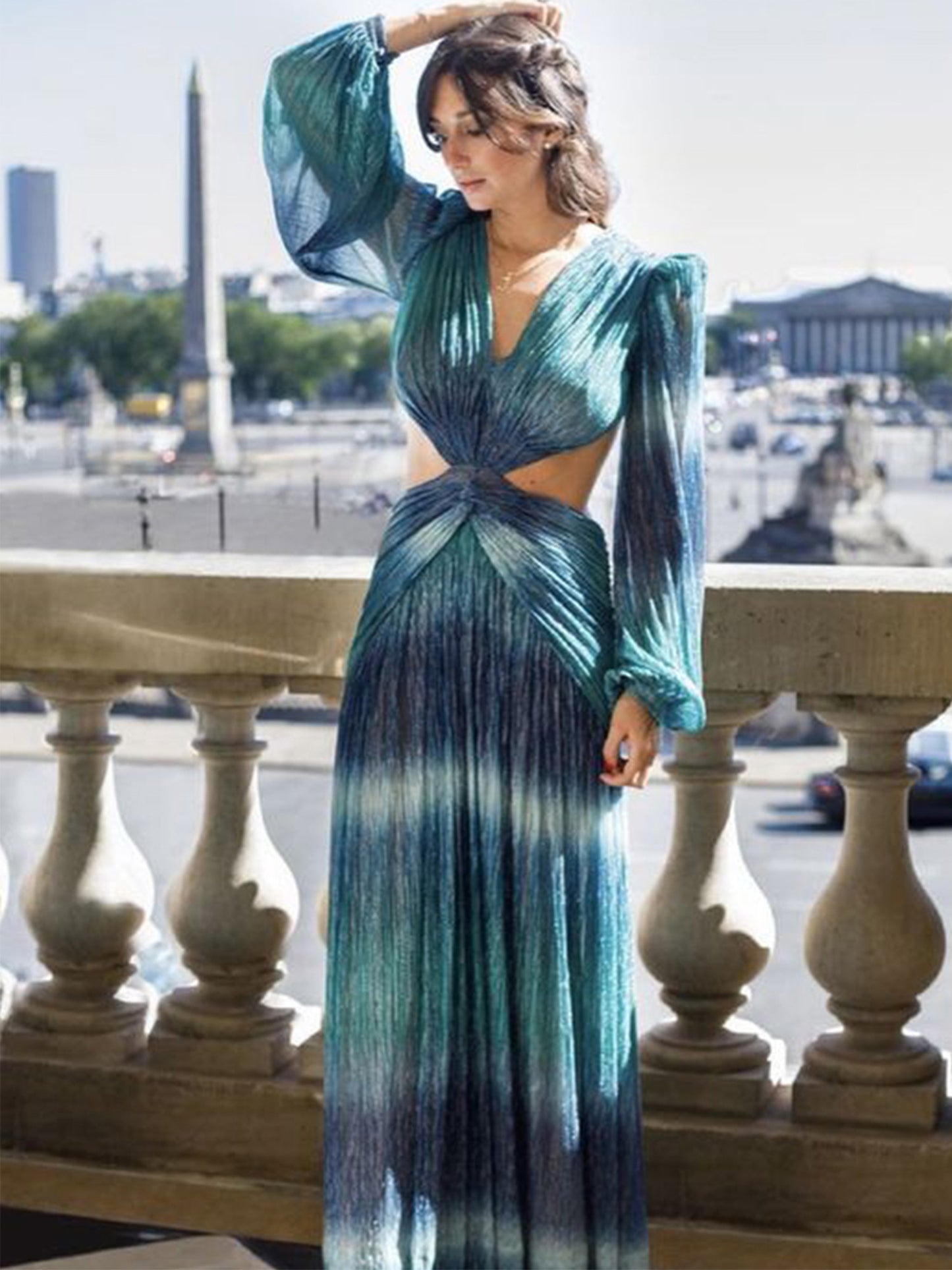 vlovelaw Sexy Printed V Neck Long Sleeve Dress, Elegant Vacation Dress For Summer And Spring, Women's Clothing