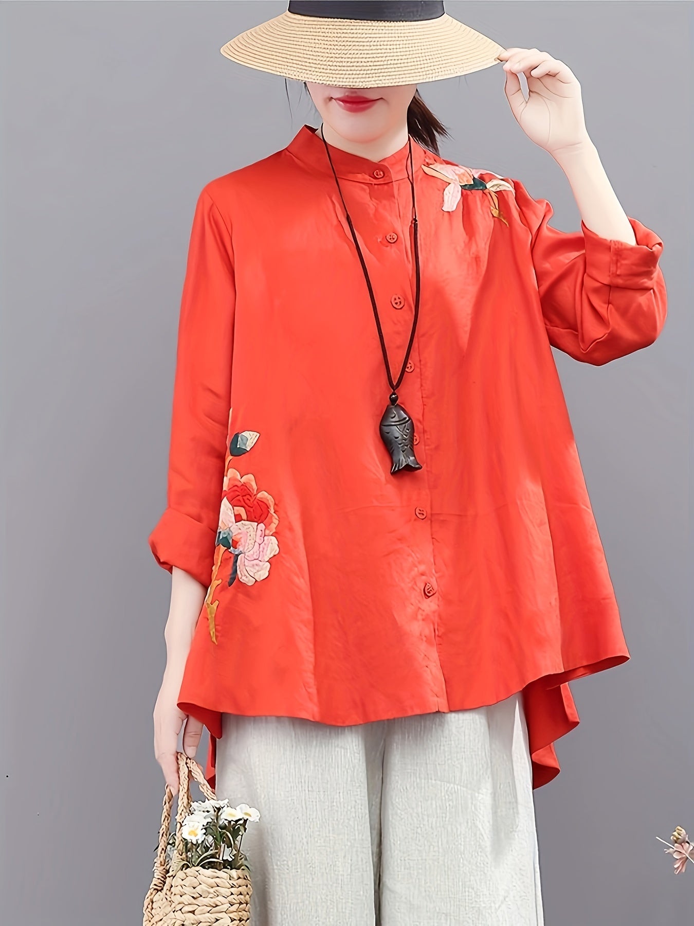 Chinese Retro Embroidered T-Shirt, Long Sleeve Button Up High Neck Casual Top For Spring & Summer, Women's Clothing