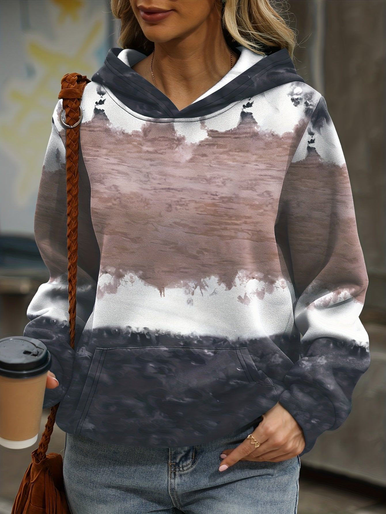 vlovelaw Plus Size Casual Sweatshirt, Women's Plus Colorblock Striped Long Sleeve Hooded Slight Stretch Sweatshirt With Kangaroo Pocket
