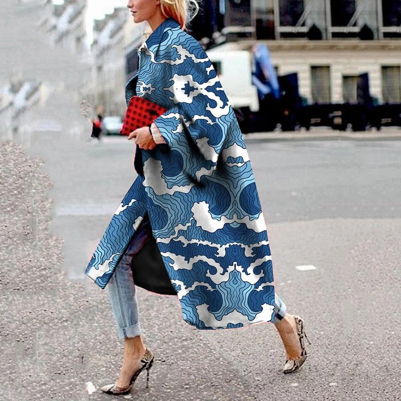 spring and autumn spot wish independent station ebay amazon long horn sleeve jacket printed loose trench coat women