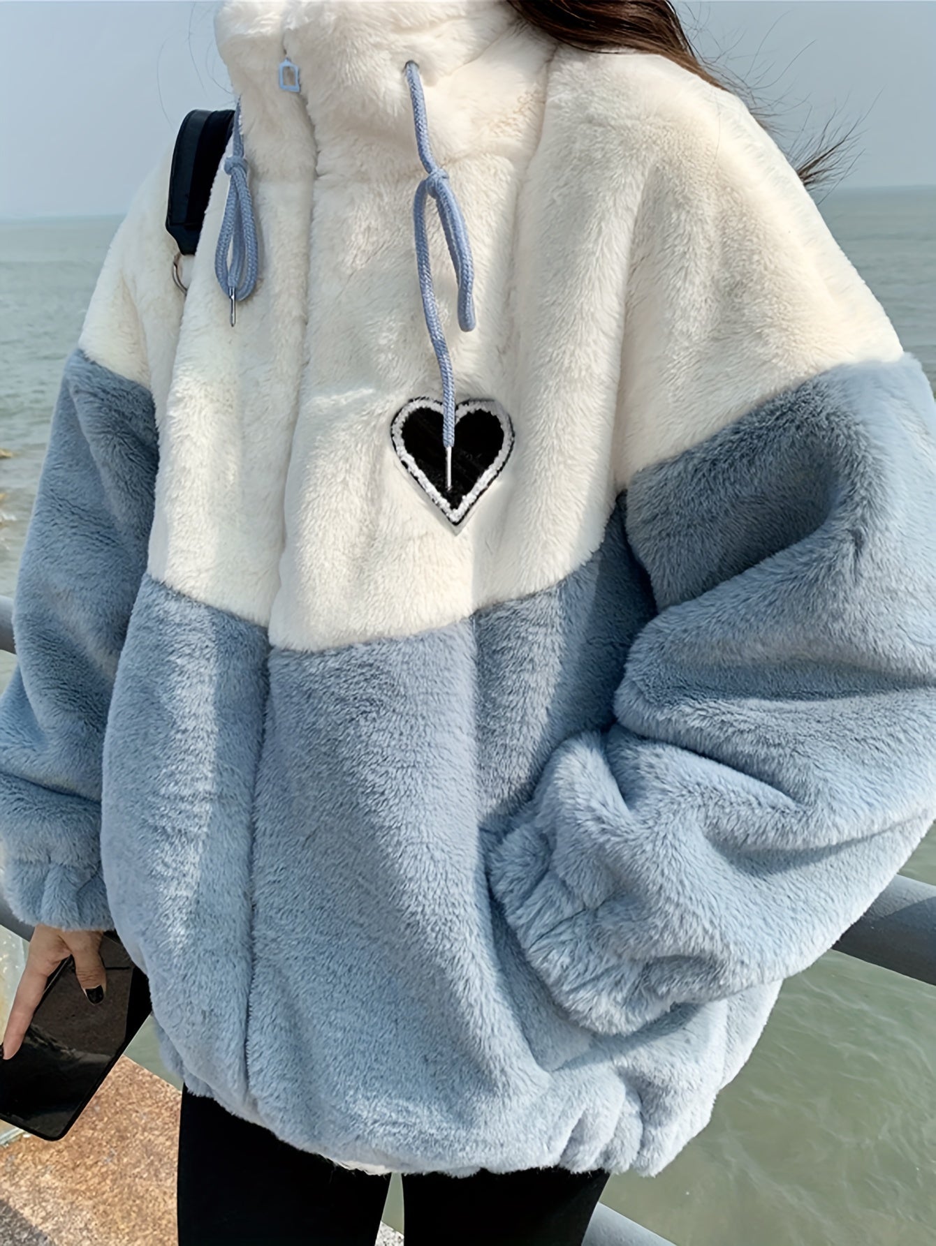vlovelaw Color Block Zip-up Plush Coat, Casual Thermal Heart Patch Long Sleeve Drawstring Coat For Fall & Winter, Women's Clothing