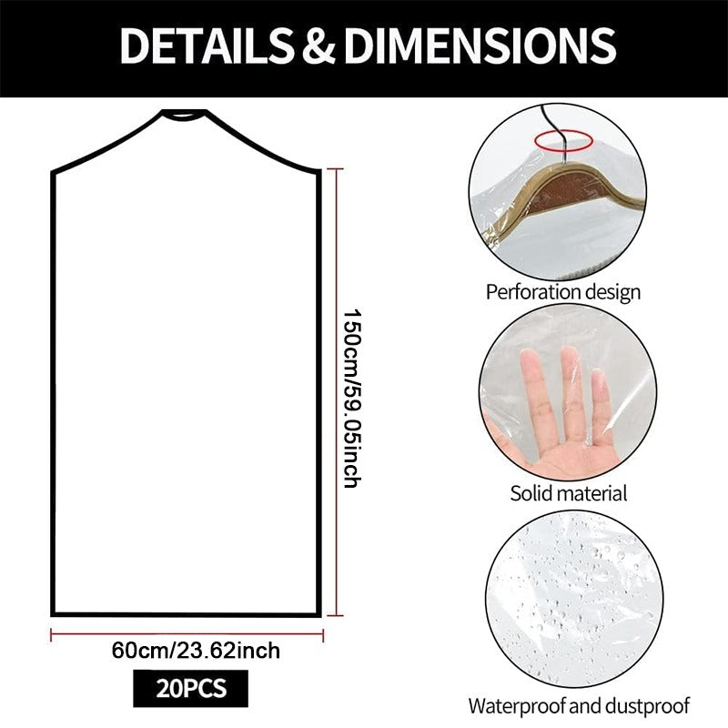 vlovelaw 20pcs 149.99 Cm Plastic Garment Bag Dry Cleaner Bags Clear Plastic Bag Dry Cleaning Laundry Bags For Clothes Cover Hanging Clothes Clothes Storage For Long Dresses Skirt Coat Suit Shirt Jacket