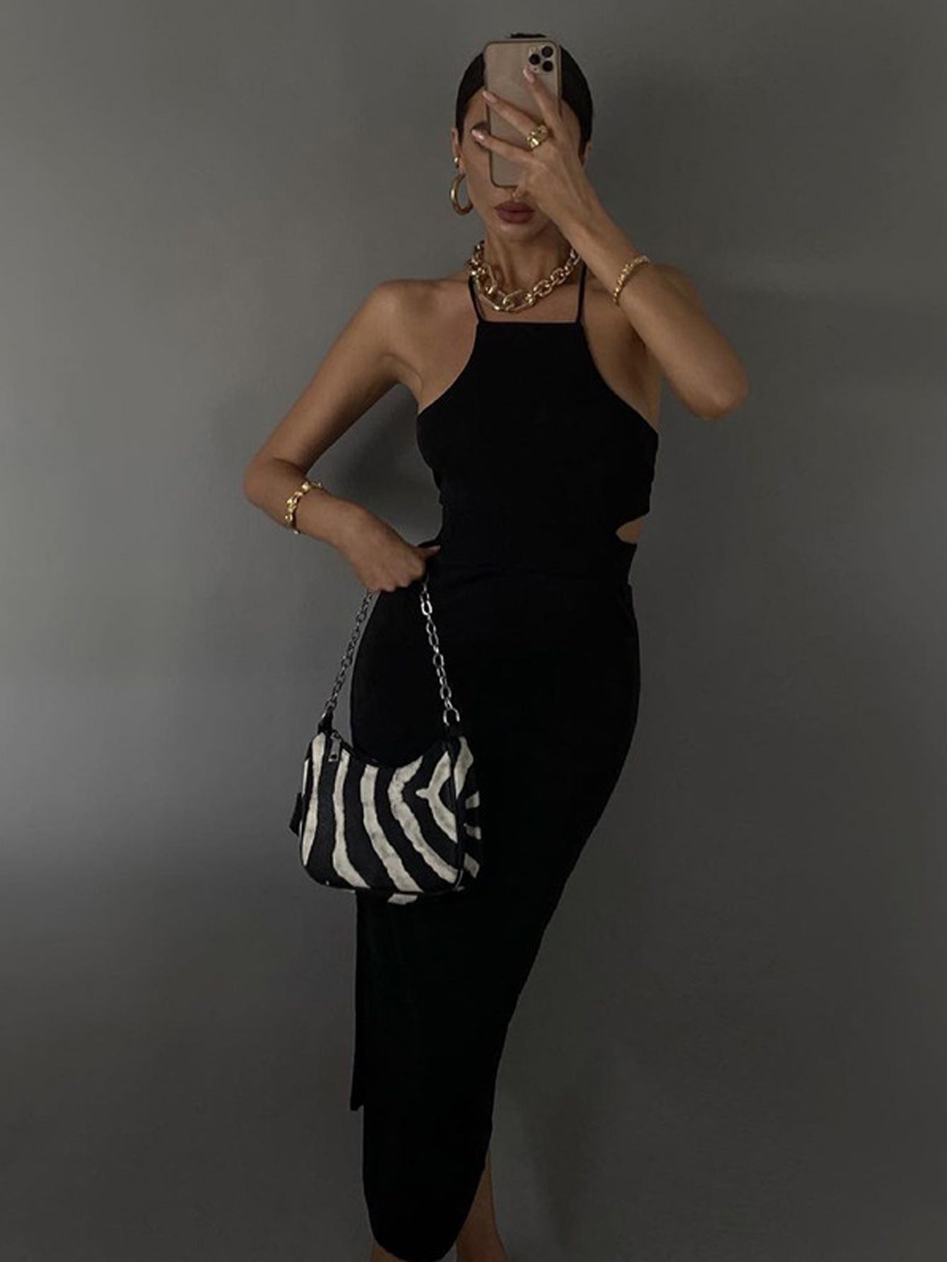 vlovelaw Cut Out Halter Neck Dress, Stylish Backless Split Hem Slim Tied Dress, Women's Clothing
