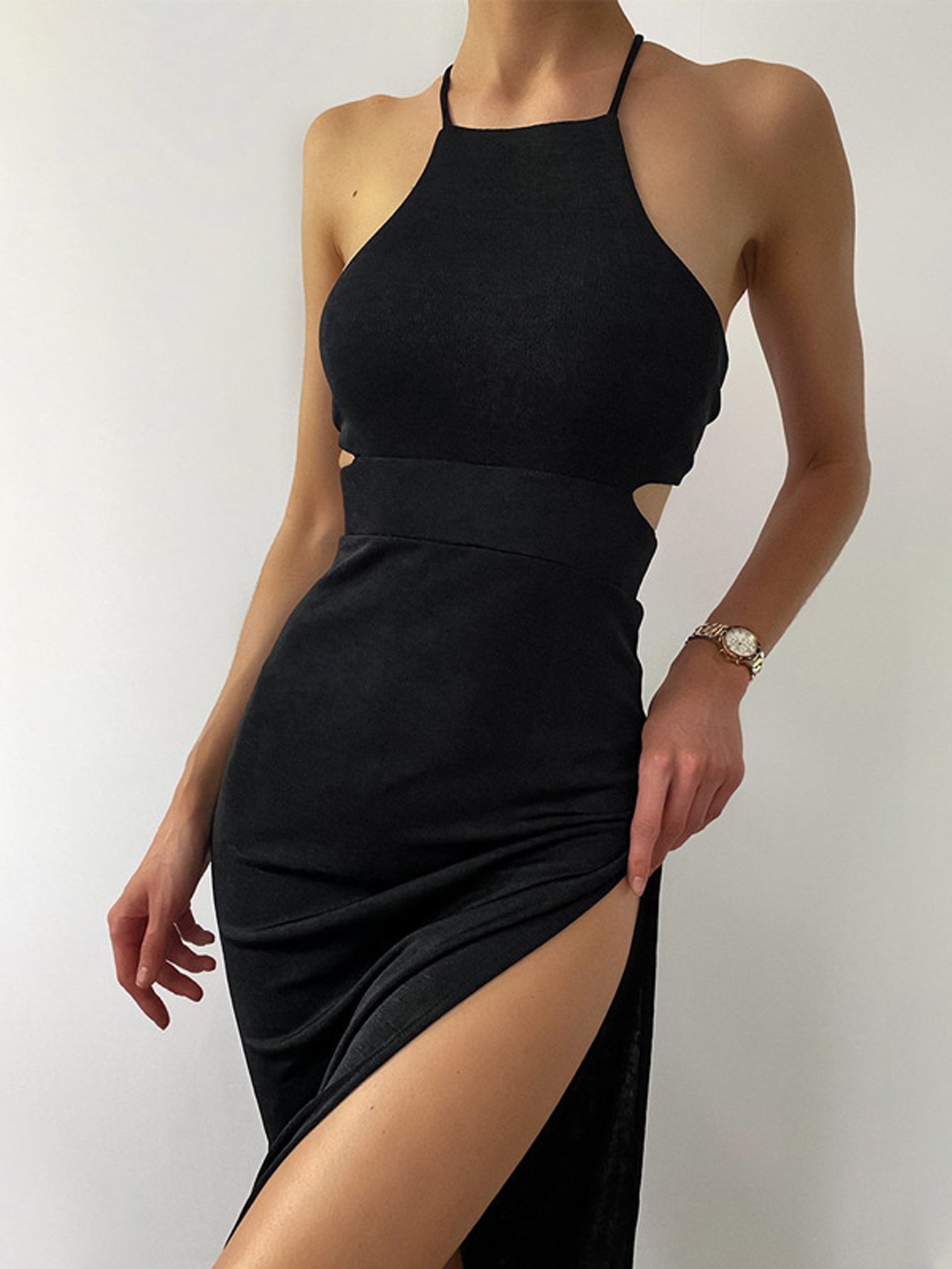 vlovelaw Cut Out Halter Neck Dress, Stylish Backless Split Hem Slim Tied Dress, Women's Clothing