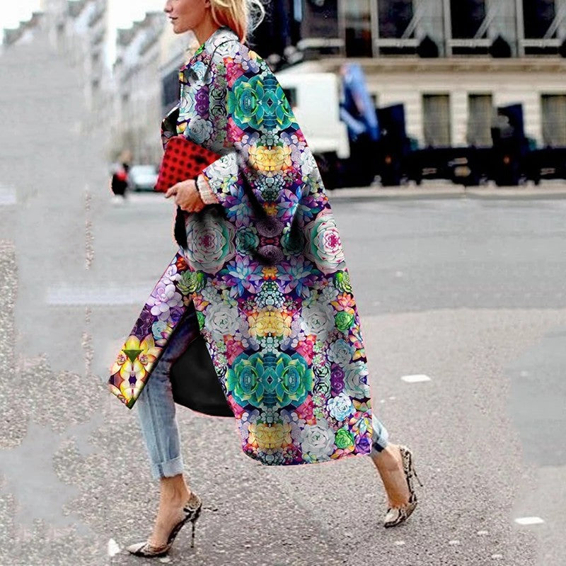 spring and autumn spot wish independent station ebay amazon long horn sleeve jacket printed loose trench coat women