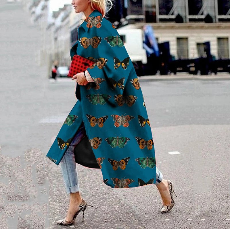 spring and autumn spot wish independent station ebay amazon long horn sleeve jacket printed loose trench coat women