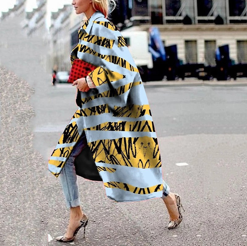 spring and autumn spot wish independent station ebay amazon long horn sleeve jacket printed loose trench coat women
