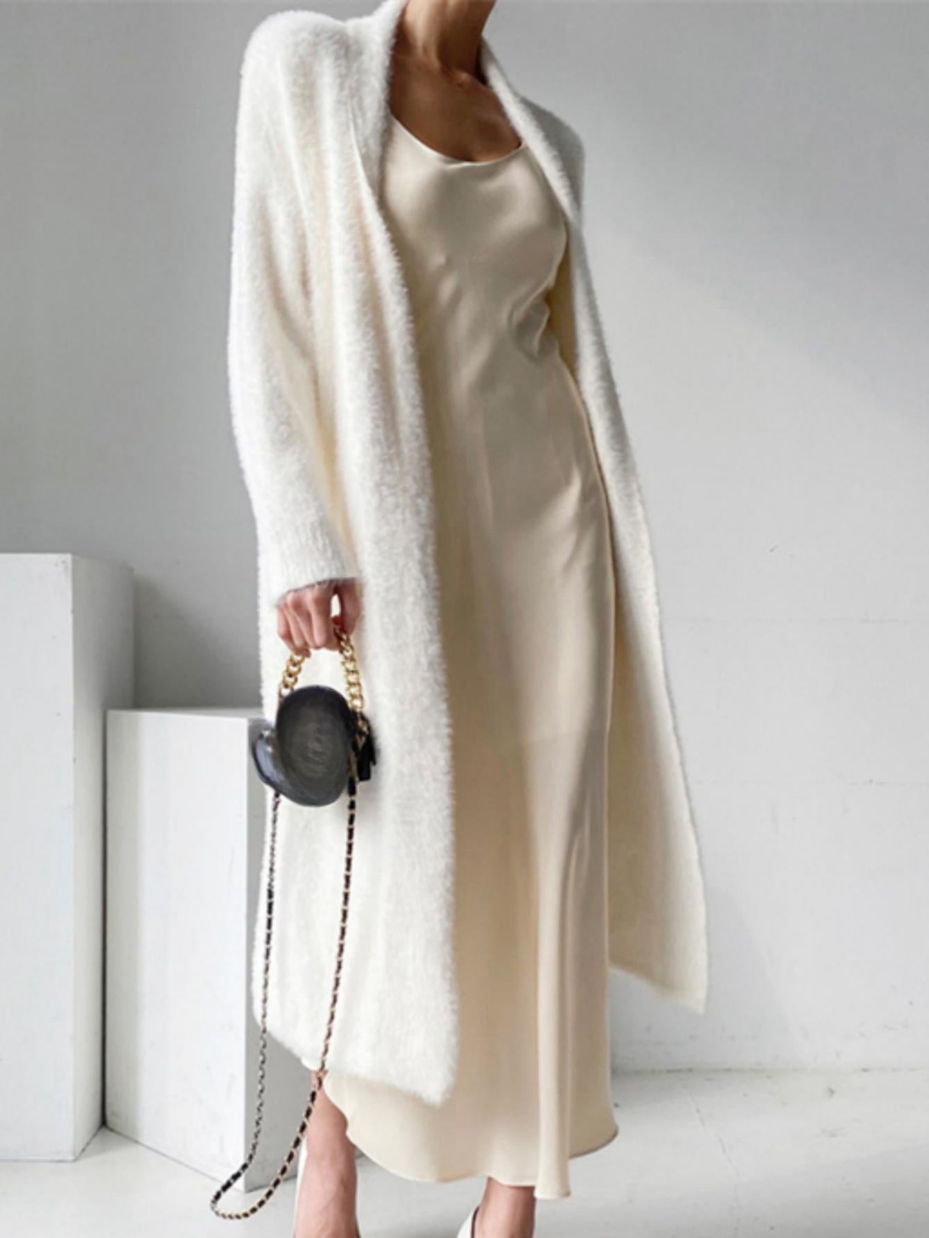 vlovelaw Long Length Fuzzy Knit Cardigan, Casual Open Front Long Sleeve Sweater, Women's Clothing