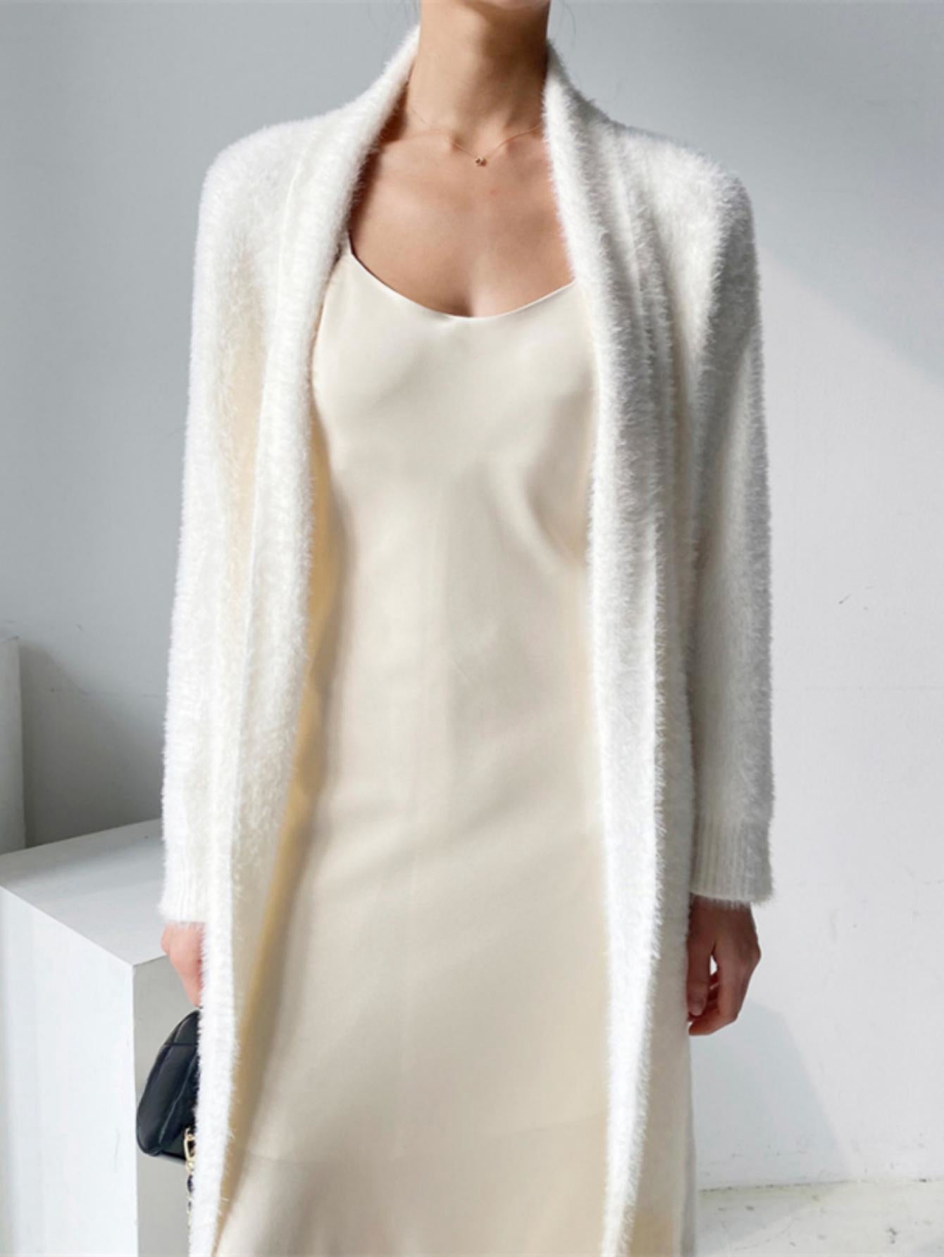 vlovelaw Long Length Fuzzy Knit Cardigan, Casual Open Front Long Sleeve Sweater, Women's Clothing