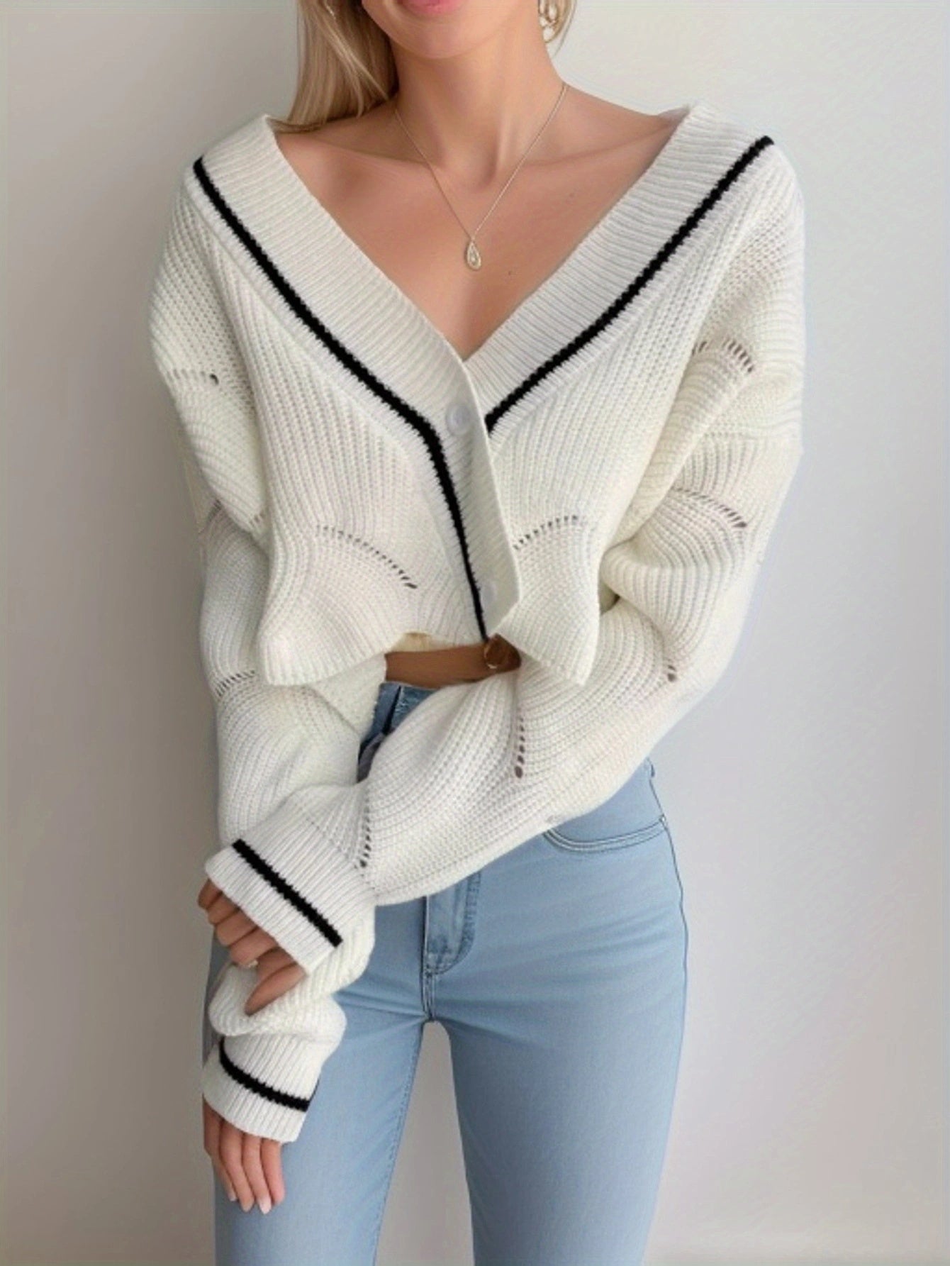 Stylish Button Down Knit Cardigan, Elegant Long Sleeve Crop Sweater, Women's Clothing