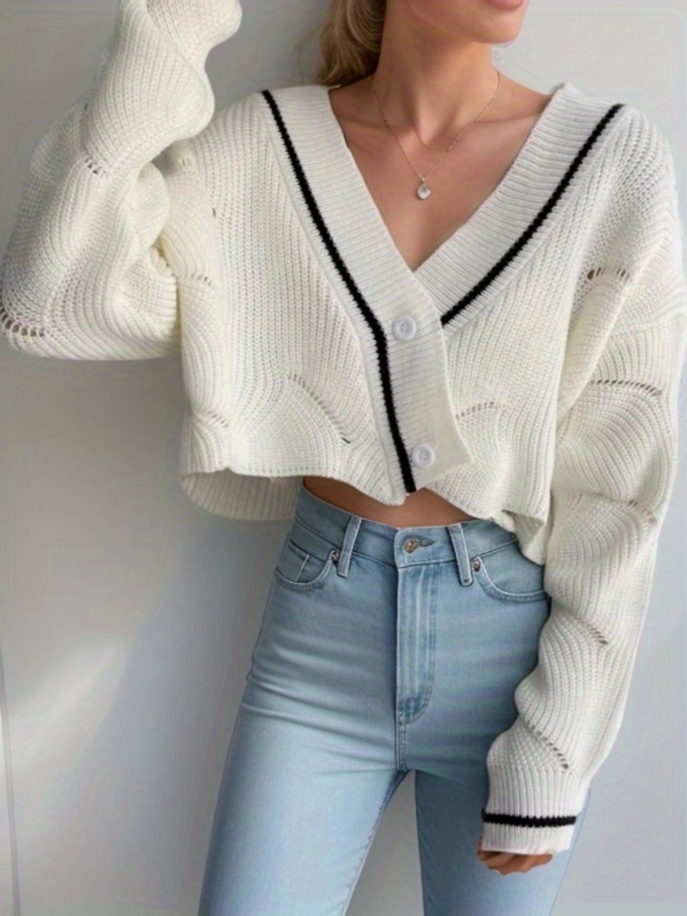 Stylish Button Down Knit Cardigan, Elegant Long Sleeve Crop Sweater, Women's Clothing