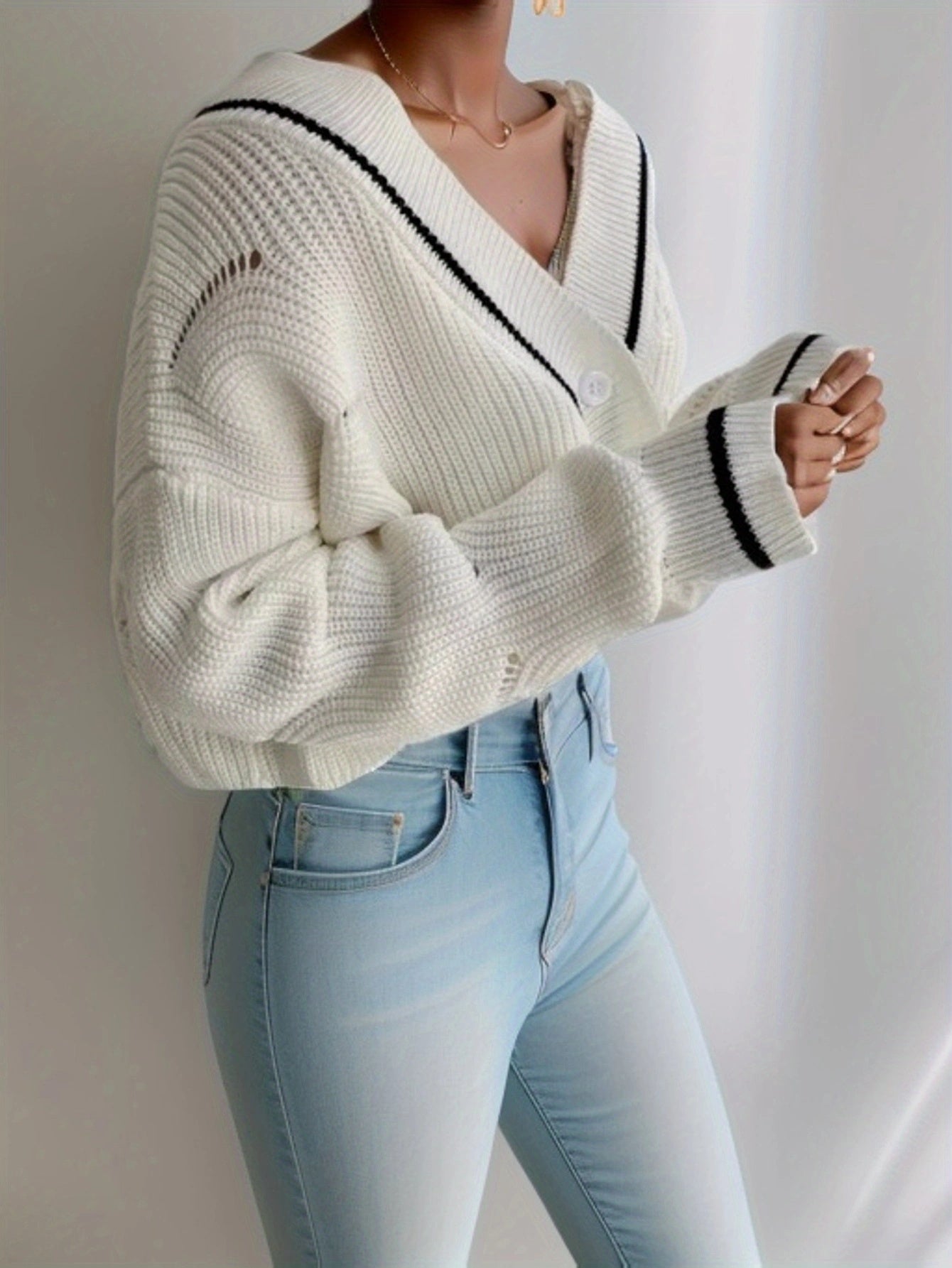 Stylish Button Down Knit Cardigan, Elegant Long Sleeve Crop Sweater, Women's Clothing