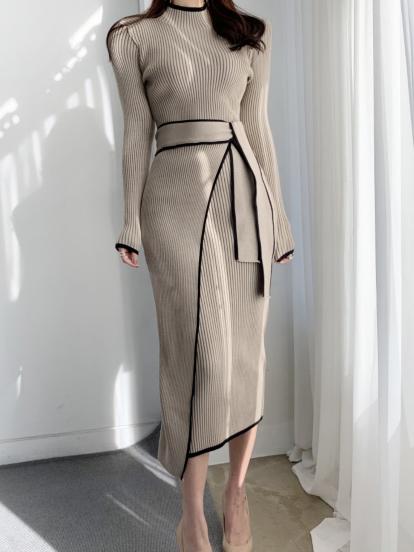 Contrast Trim Sweater Dress, Elegant Mock Neck Long Sleeve Dress, Women's Clothing