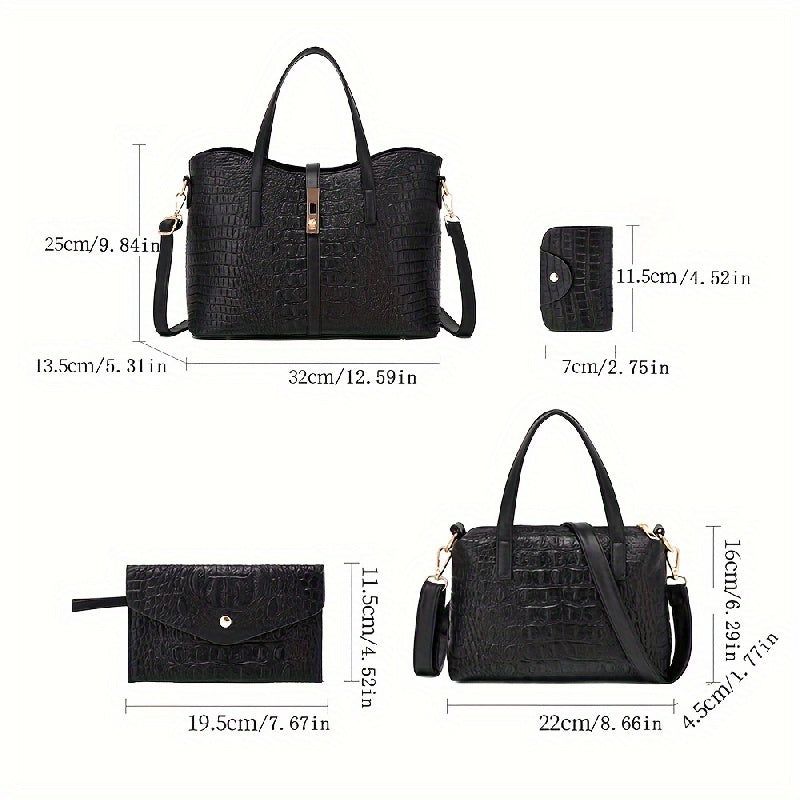 4pcs Luxury Crocodile Pattern Tote Bag Set - Spacious Womens Handbag with Stylish Crossbody Bag, Clutch Purse, & Card Holder - Fashion-Forward, Versatile Ensemble for Chic Organization