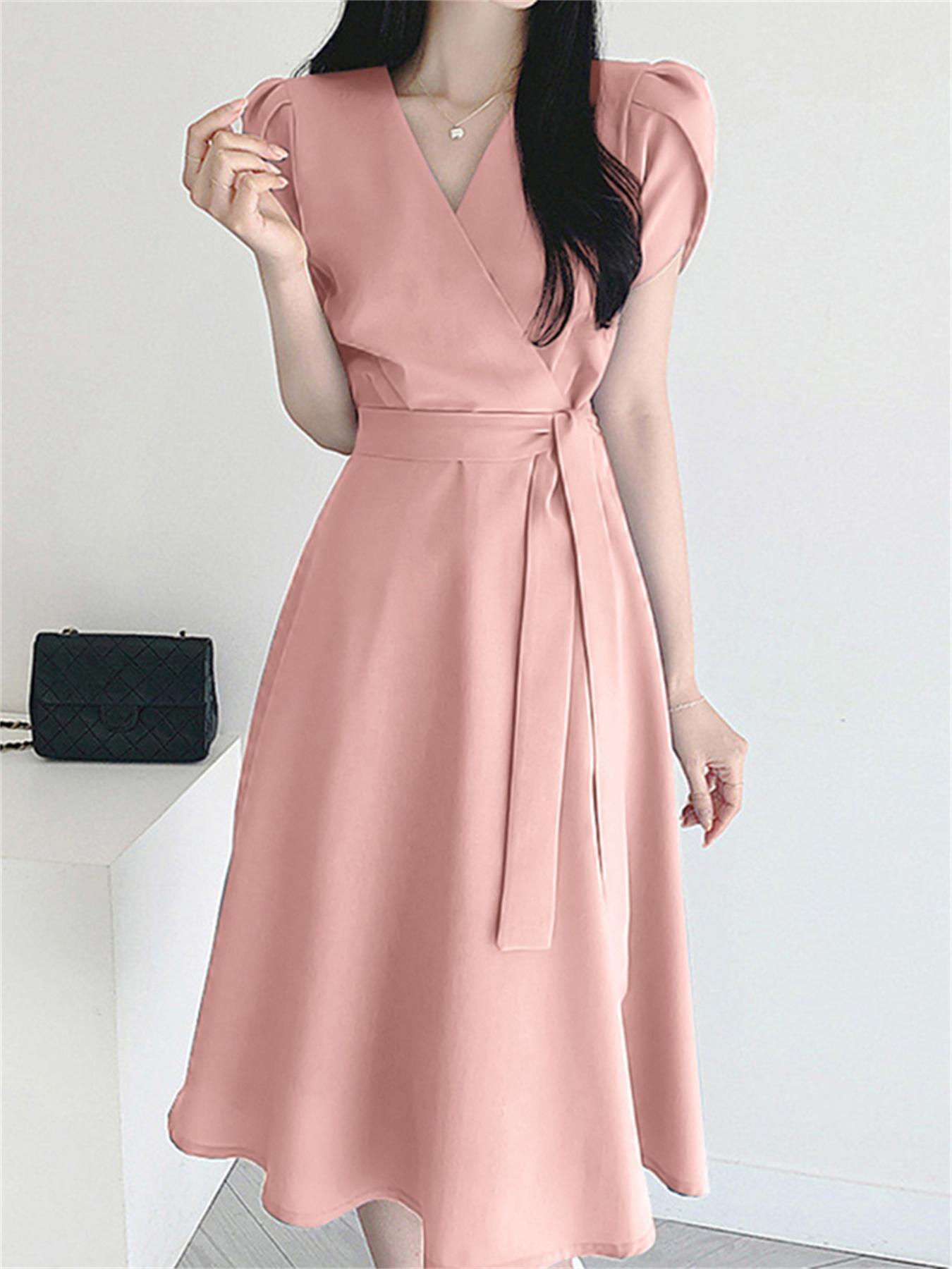 vlovelaw Belted Surplice Neck Solid Dress, Elegant Short Sleeve A-line Dress, Women's Clothing