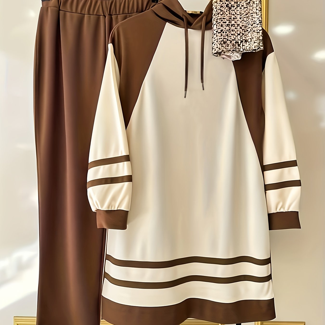 vlovelaw Casual Two-piece Set, Color Block Long Drawstring Hoodie & Pants Outfits, Women's Clothing