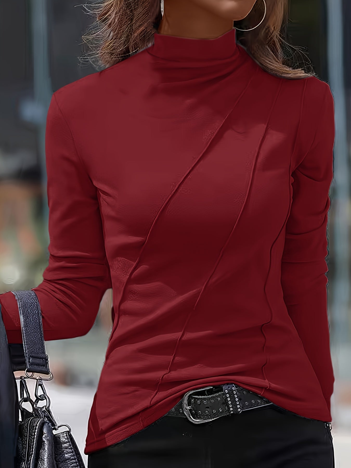 High Neck Slim Fit Polyester Turtleneck Top - Soft, Stretchy, and Breathable for All Seasons - Machine Washable, Casual Long Sleeve Shirt for Women