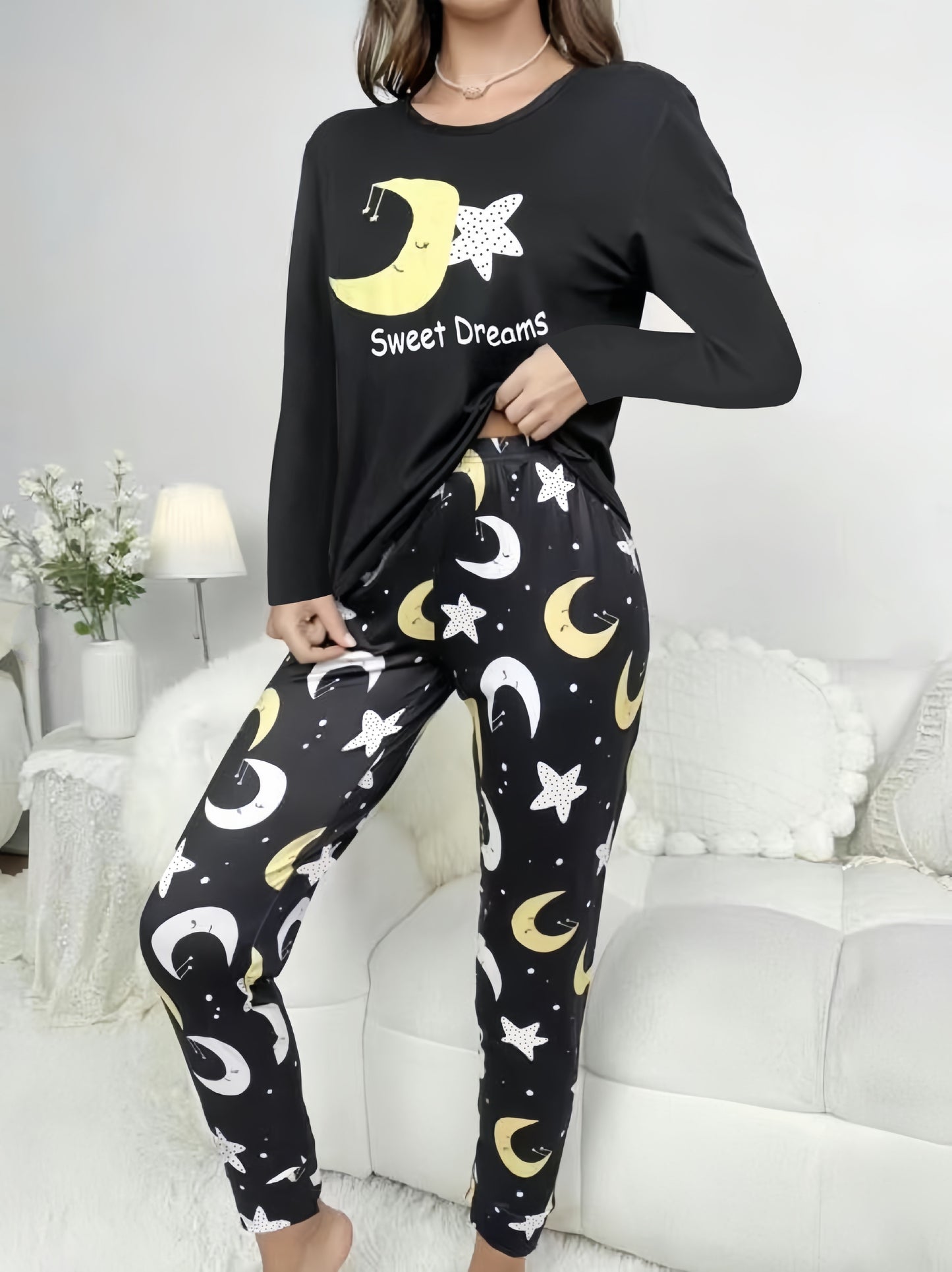 vlovelaw Moon & Star Print Lounge Set, Long Sleeve Crew Neck Top & Elastic Waistband Pants, Women's Loungewear & Sleepwear