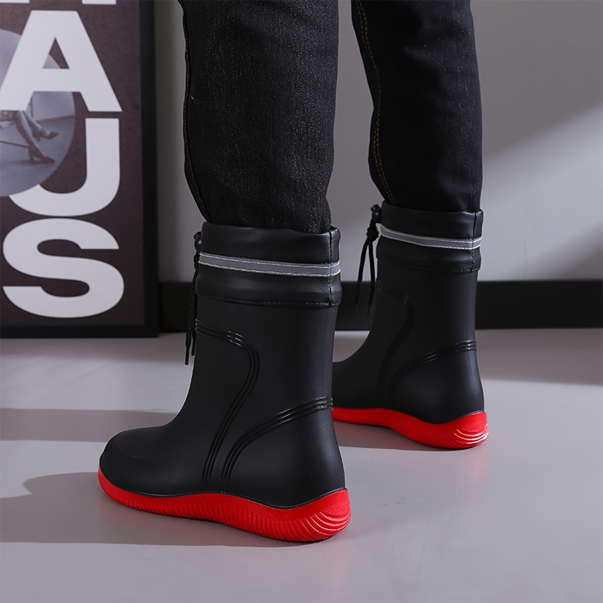 Men's Solid Color Slip On Waterproof Rain Boots, Comfy Non Slip Durable Casual Platform Water Shoes For Men's Rainy Day Outdoor