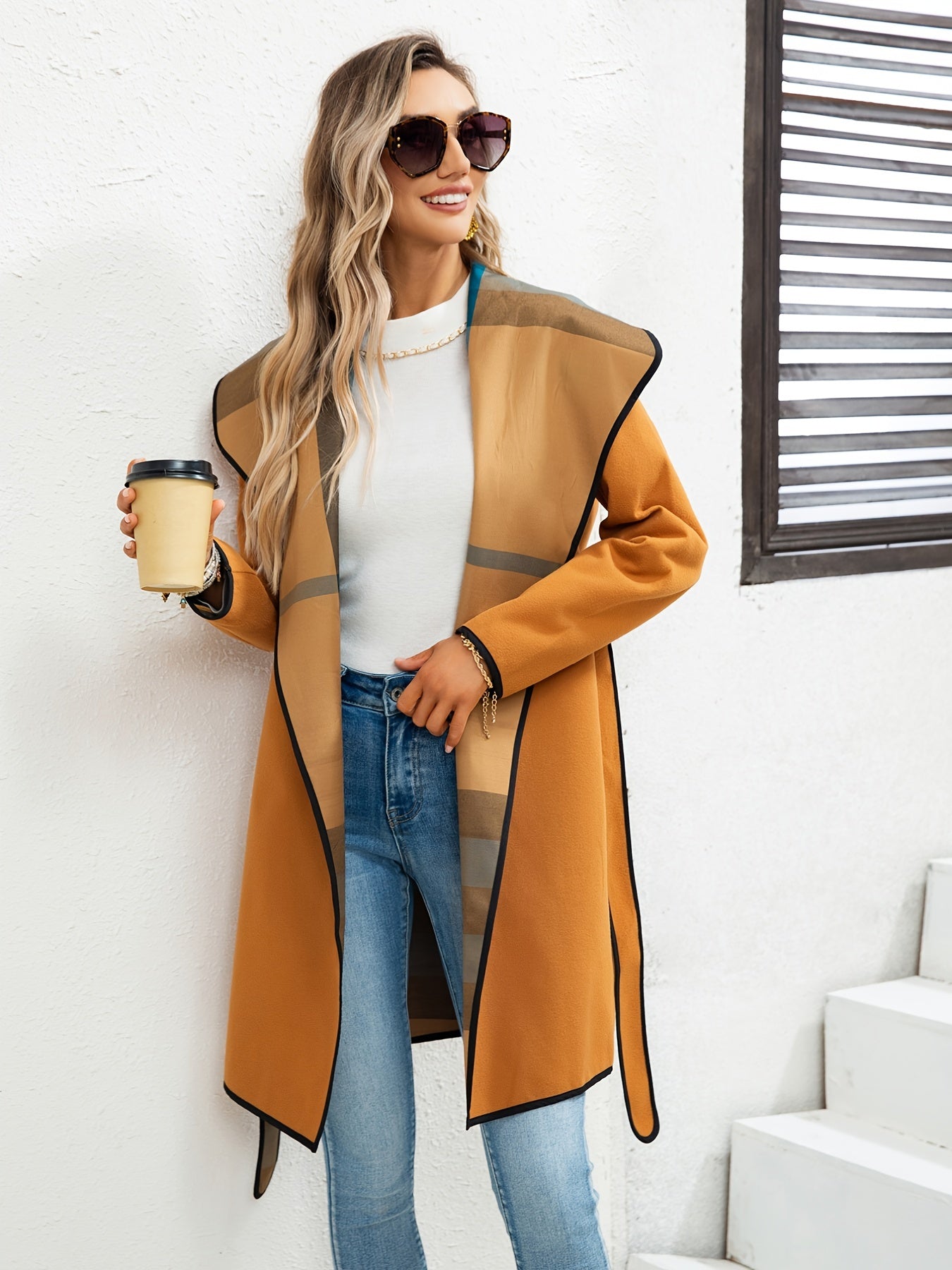vlovelaw Waterfall Collar Contrast Trim Coat, Casual Open Front Long Sleeve Outerwear, Women's Clothing
