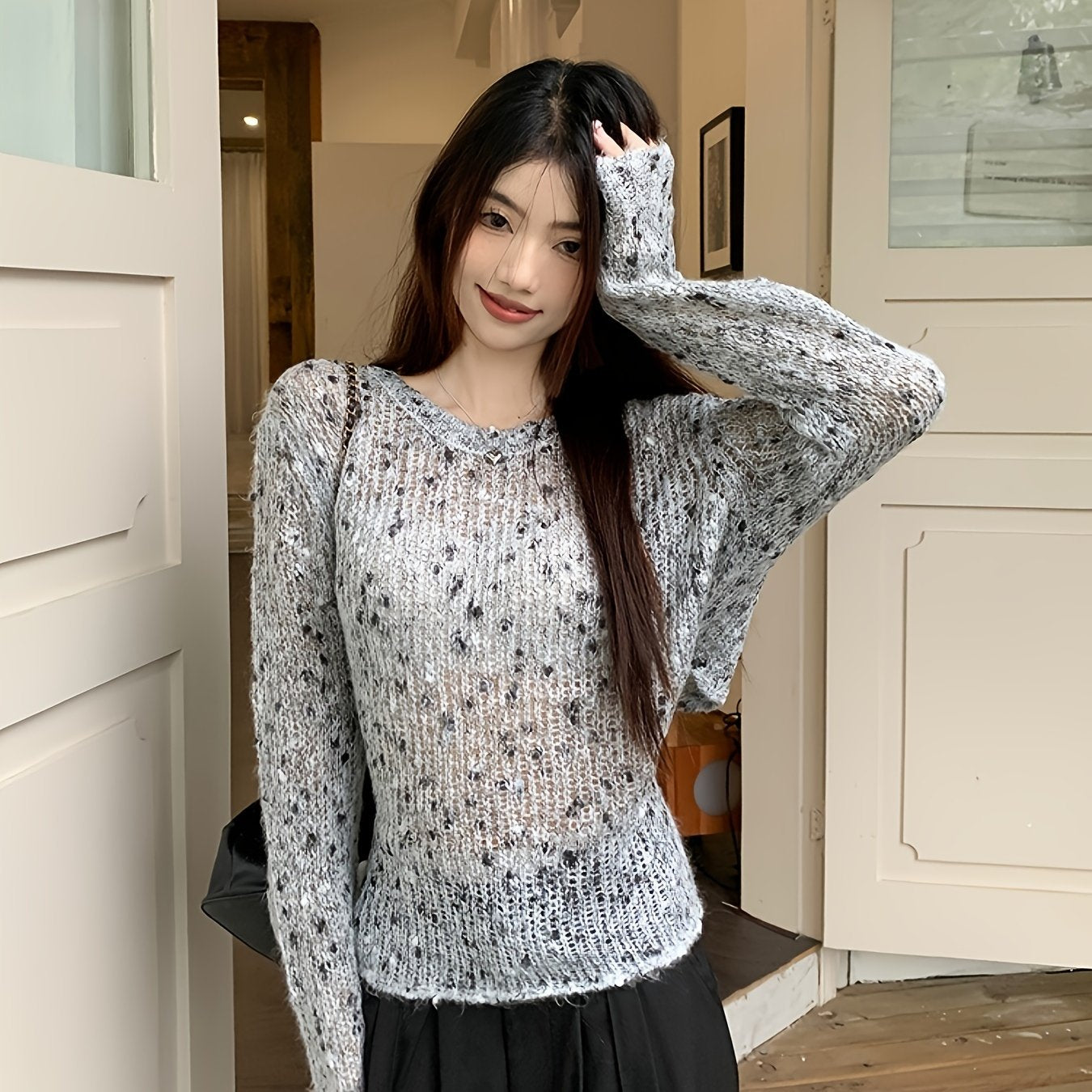 vlovelaw Colorful Dot Crew Neck Pullover Sweater, Casual Tied Back Long Sleeve Thin Knit Sweater, Women's Clothing