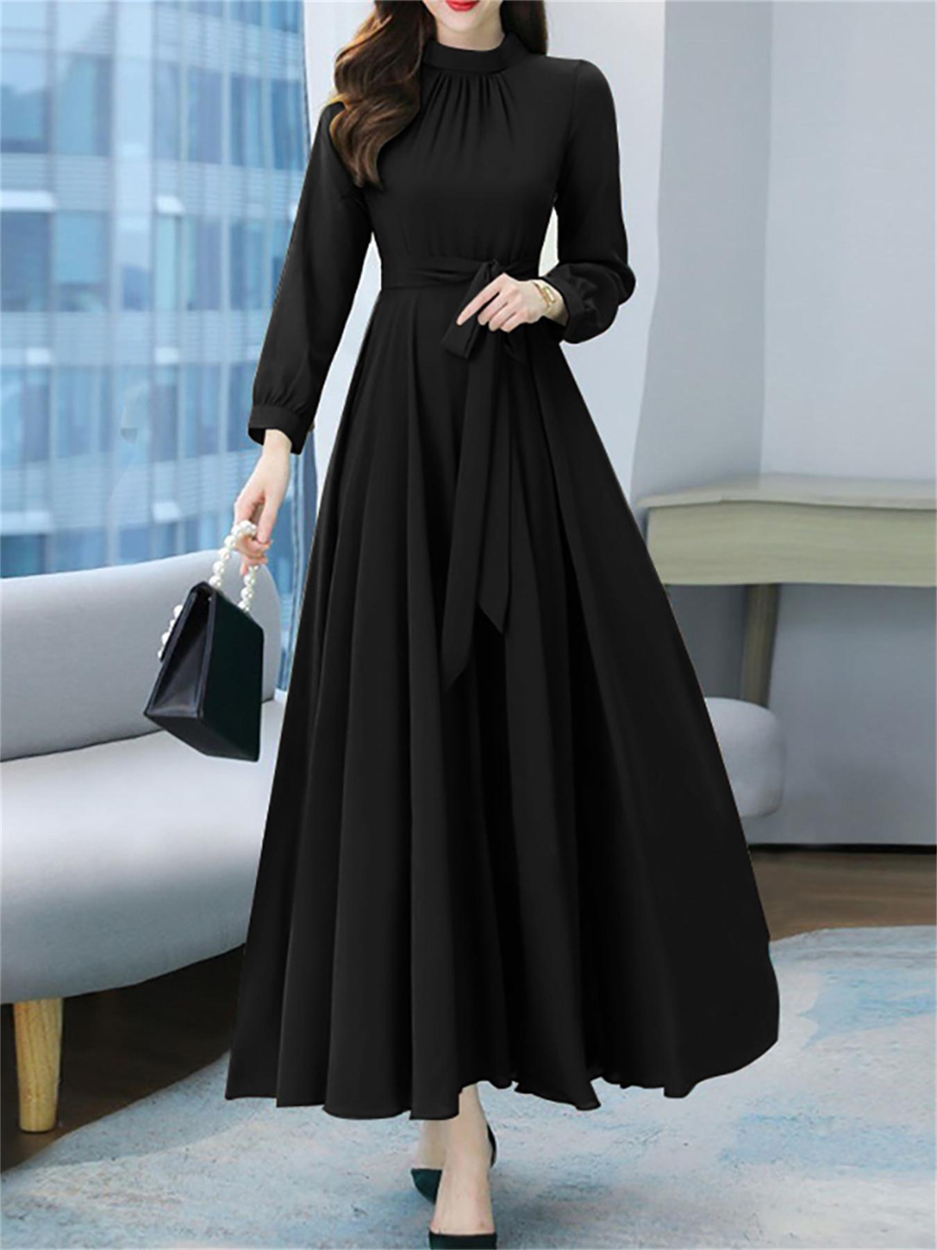 vlovelaw Plus Size Casual Dress, Women's Plus Solid Long Sleeve Round Neck Ruched Belted Maxi Dress
