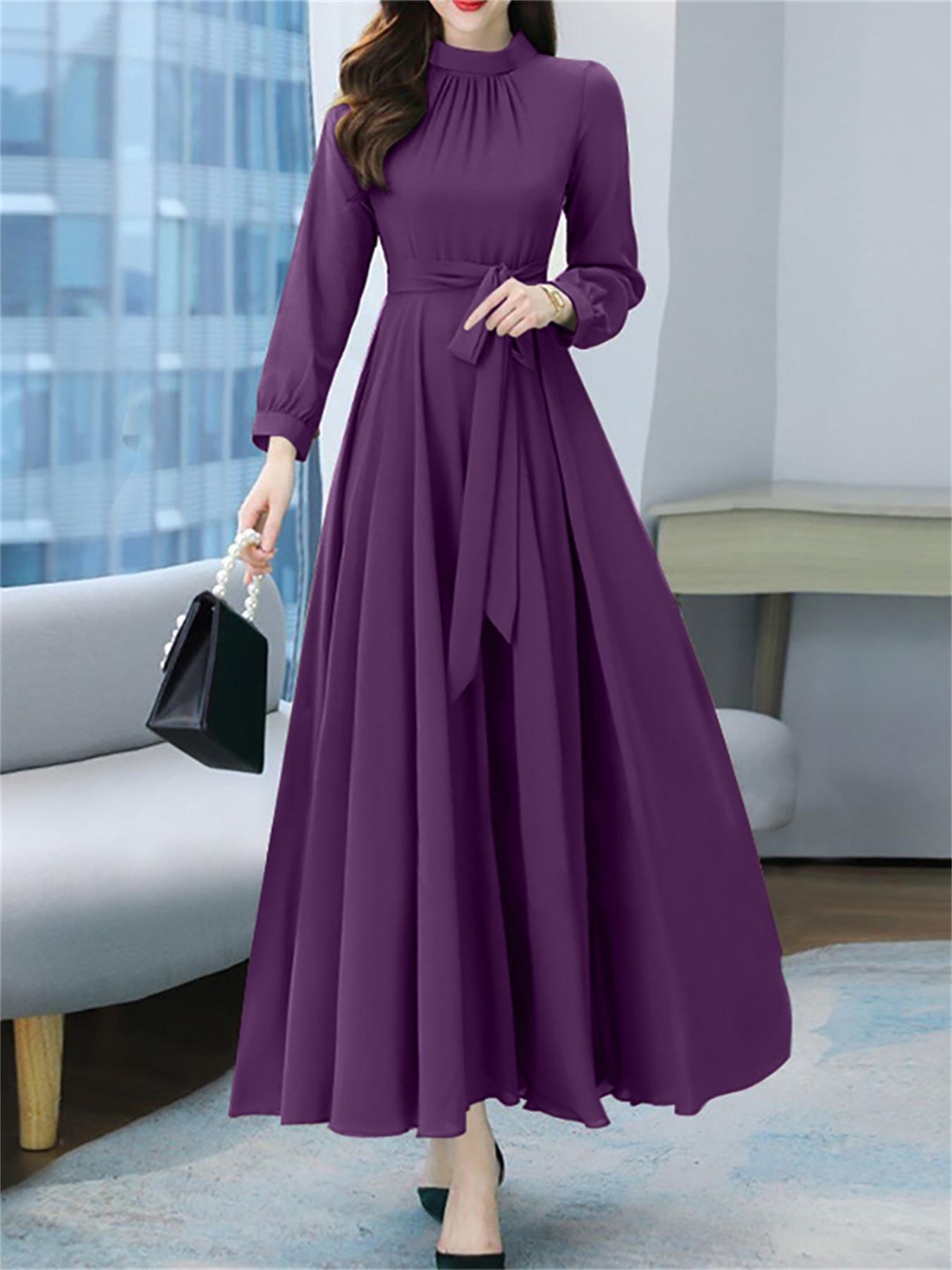 vlovelaw Plus Size Casual Dress, Women's Plus Solid Long Sleeve Round Neck Ruched Belted Maxi Dress