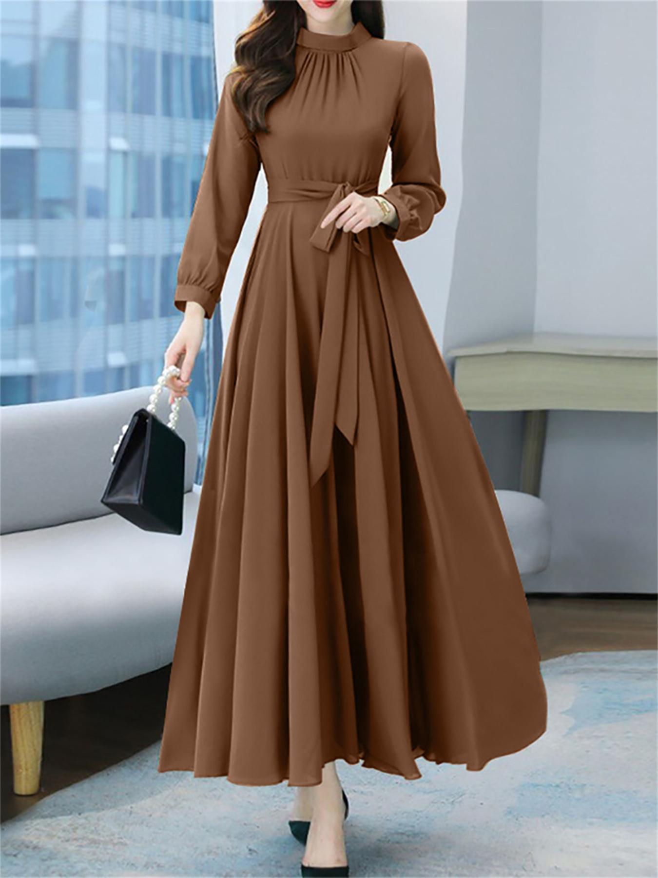 vlovelaw Plus Size Casual Dress, Women's Plus Solid Long Sleeve Round Neck Ruched Belted Maxi Dress