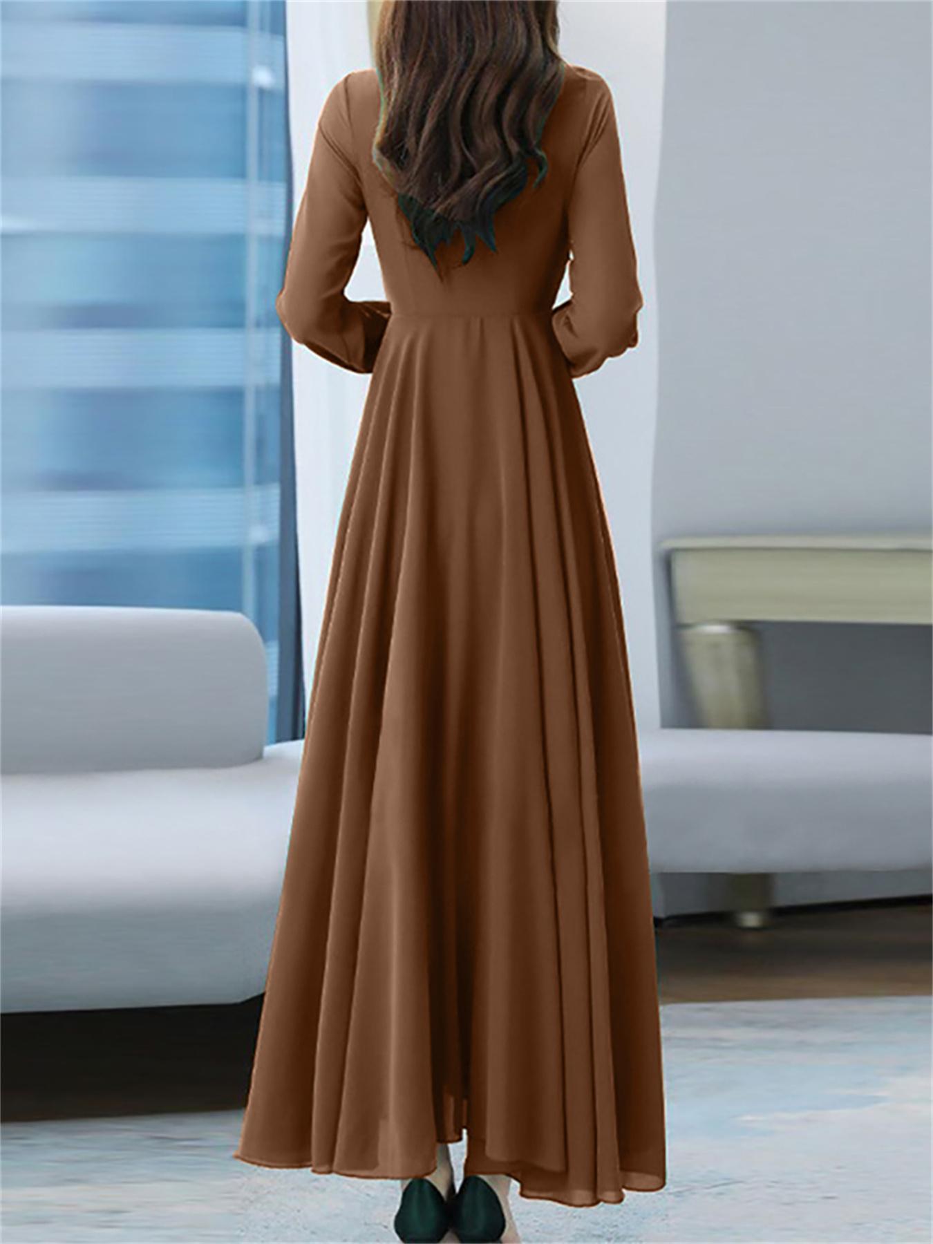 vlovelaw Plus Size Casual Dress, Women's Plus Solid Long Sleeve Round Neck Ruched Belted Maxi Dress