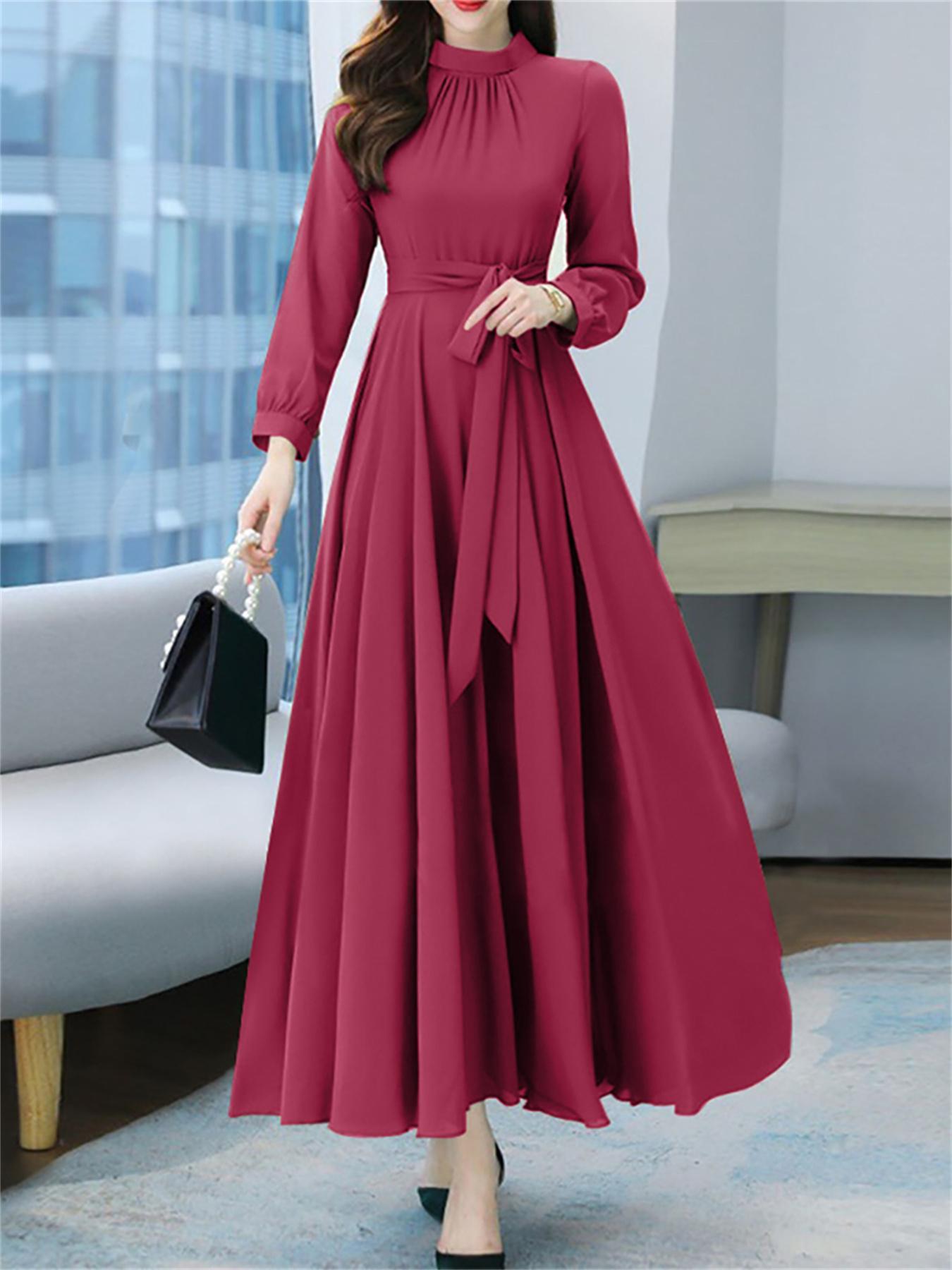 vlovelaw Plus Size Casual Dress, Women's Plus Solid Long Sleeve Round Neck Ruched Belted Maxi Dress