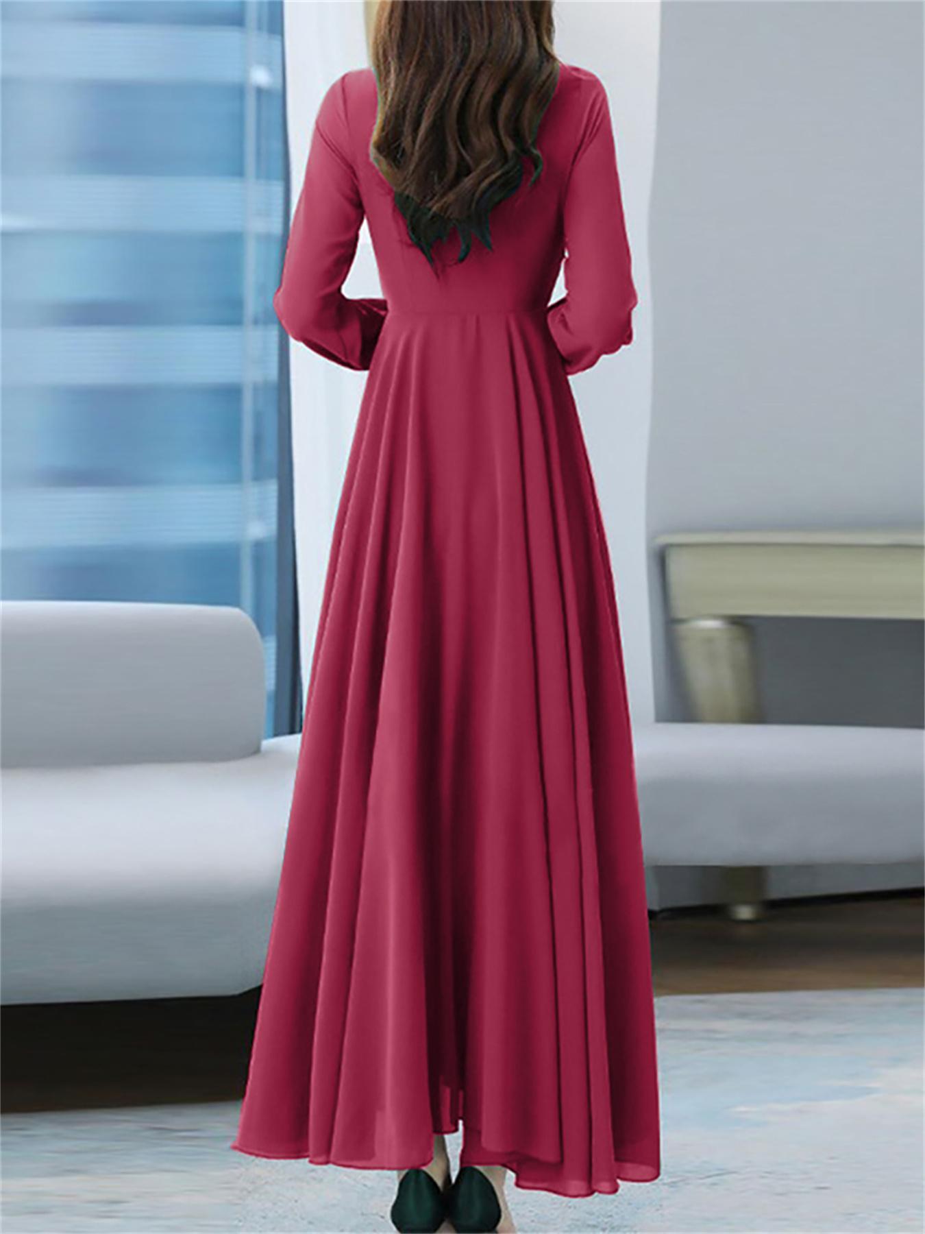 vlovelaw Plus Size Casual Dress, Women's Plus Solid Long Sleeve Round Neck Ruched Belted Maxi Dress