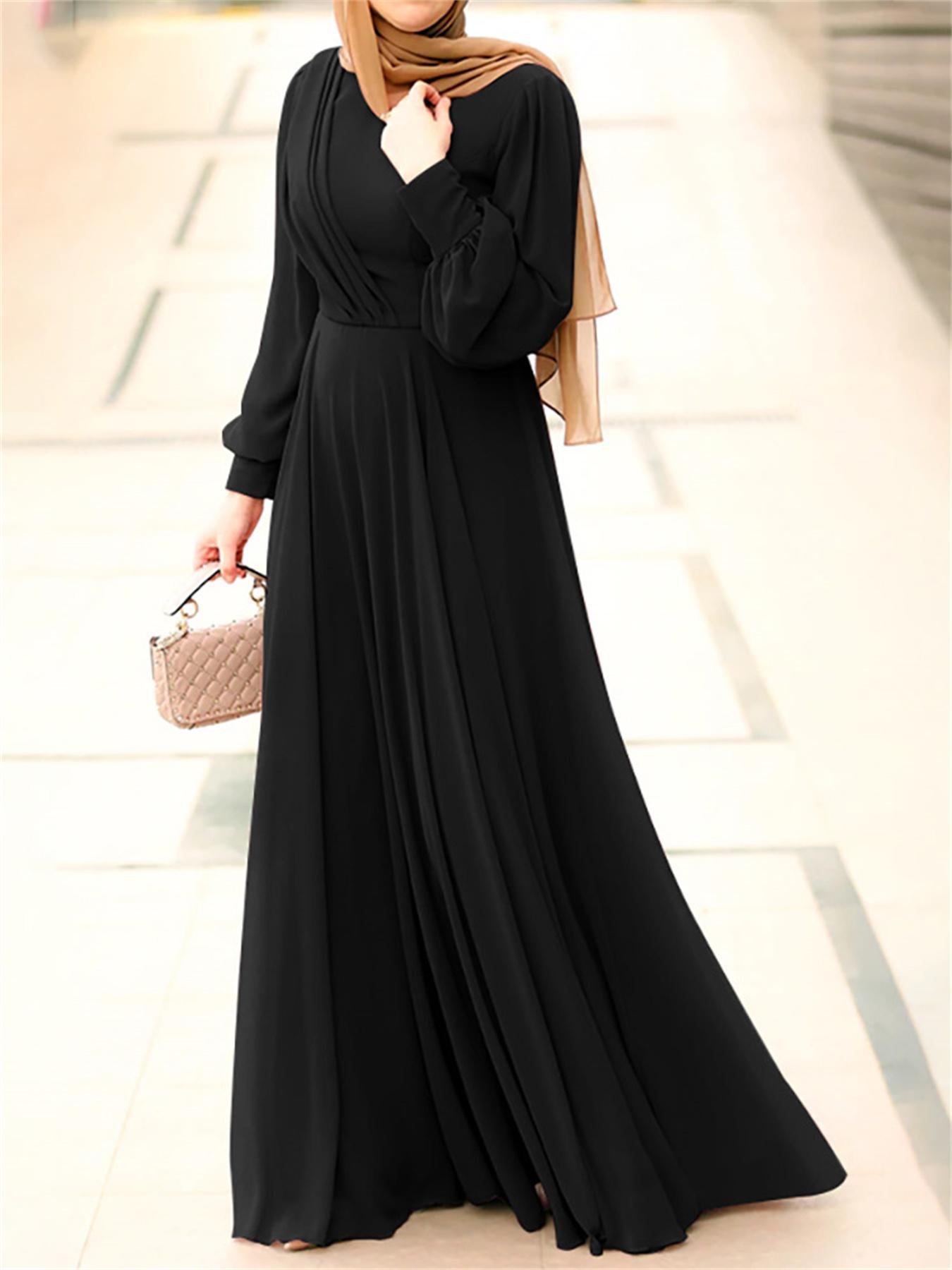 Plus Size Solid Pattern Maxi Kaftan Dress, Elegant Crew Neck Long Sleeve Dress, Women's Plus Size Clothing