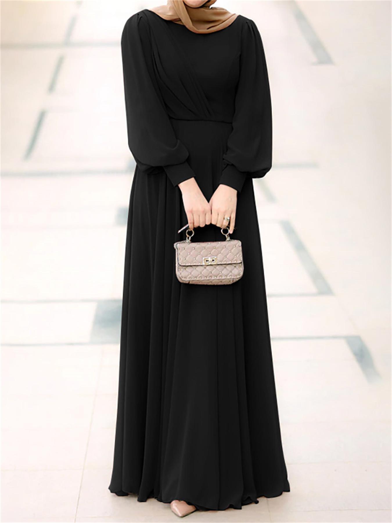 Plus Size Solid Pattern Maxi Kaftan Dress, Elegant Crew Neck Long Sleeve Dress, Women's Plus Size Clothing