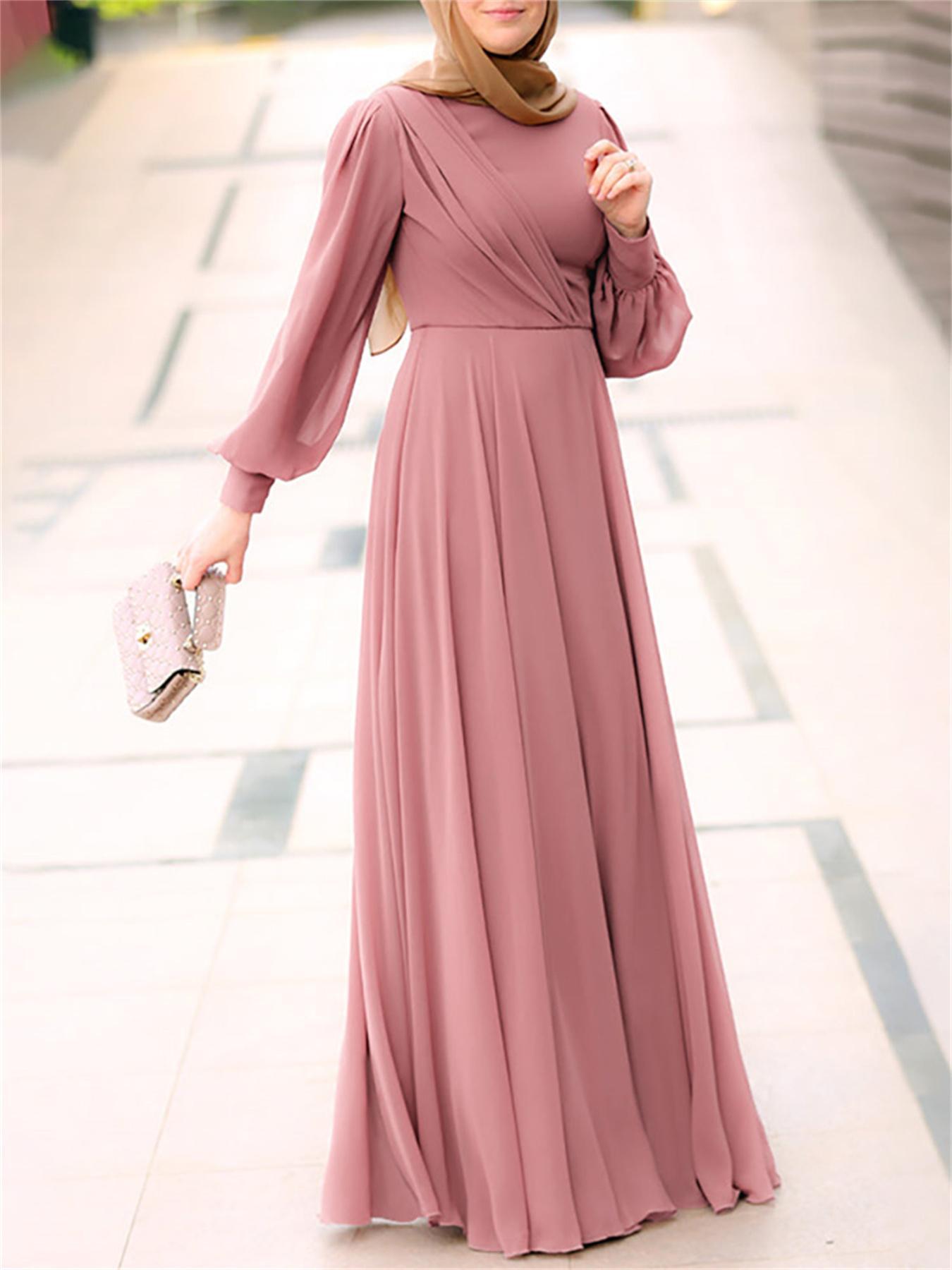 Plus Size Solid Pattern Maxi Kaftan Dress, Elegant Crew Neck Long Sleeve Dress, Women's Plus Size Clothing
