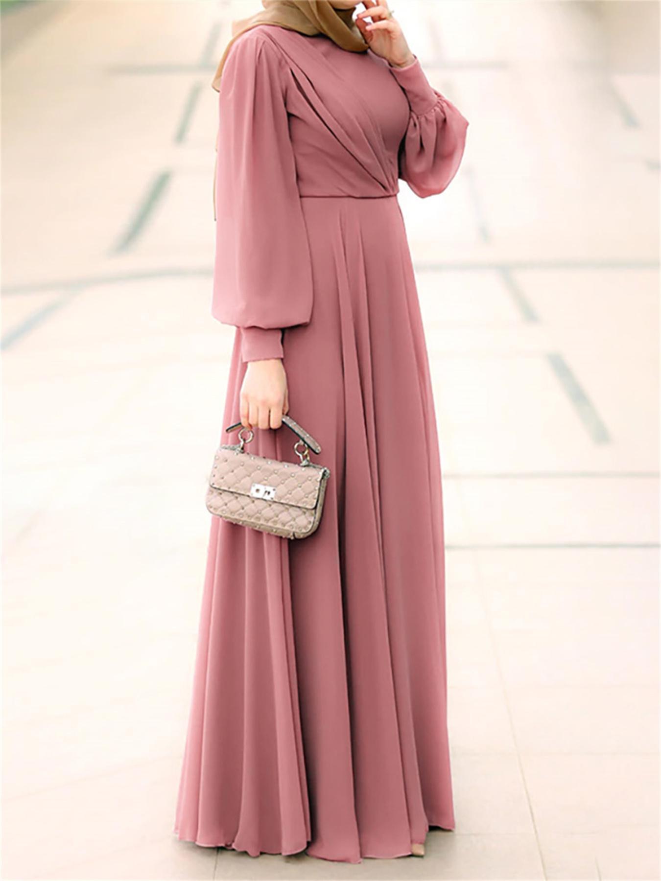 Plus Size Solid Pattern Maxi Kaftan Dress, Elegant Crew Neck Long Sleeve Dress, Women's Plus Size Clothing