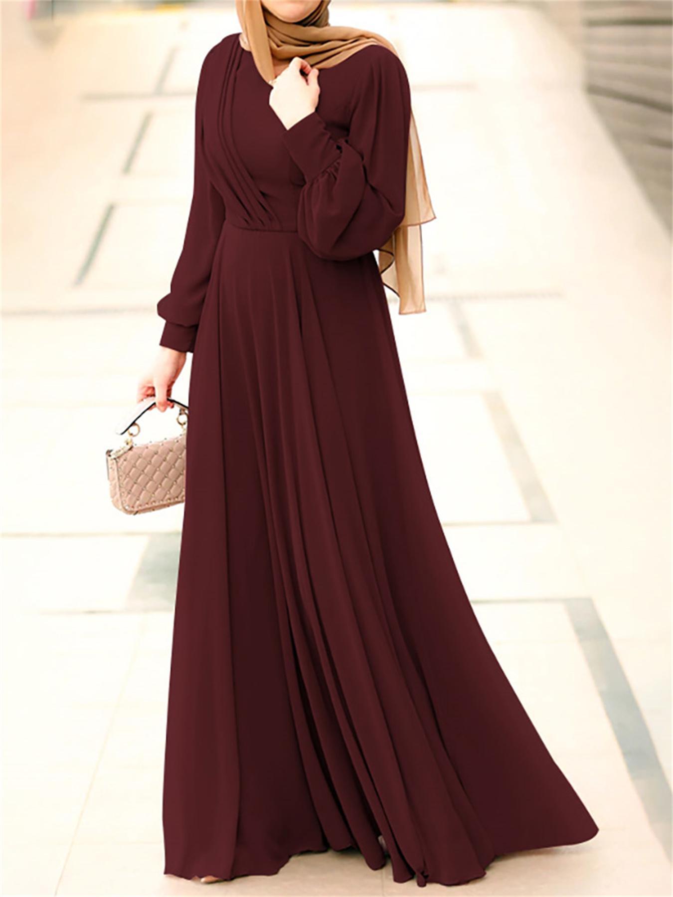 Plus Size Solid Pattern Maxi Kaftan Dress, Elegant Crew Neck Long Sleeve Dress, Women's Plus Size Clothing