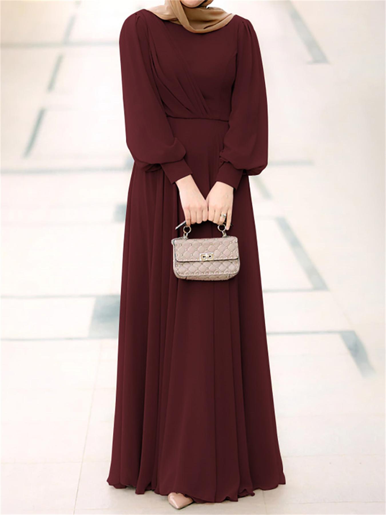 Plus Size Solid Pattern Maxi Kaftan Dress, Elegant Crew Neck Long Sleeve Dress, Women's Plus Size Clothing