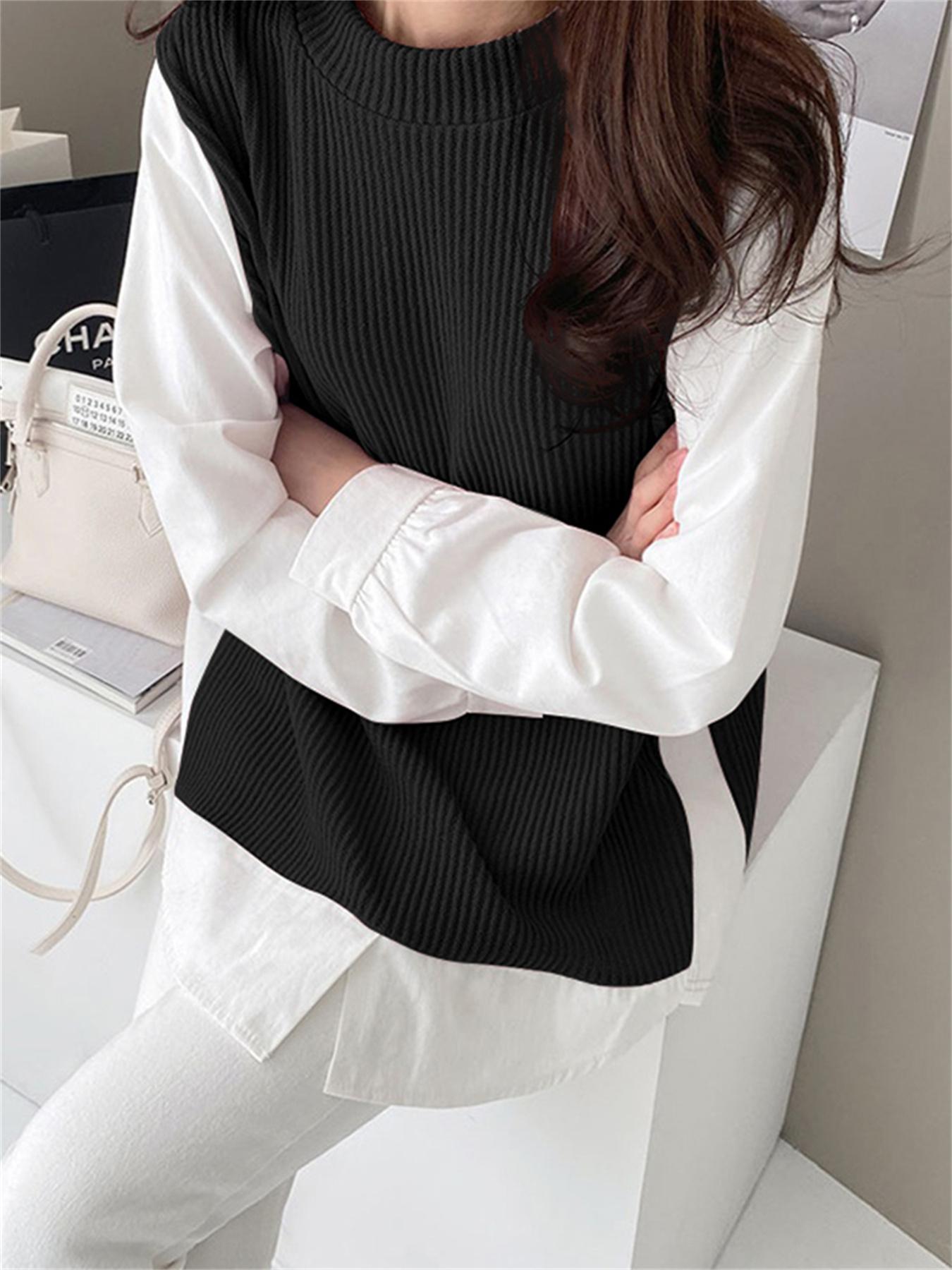 vlovelaw  Plus Size Casual Sweatshirt, Women's Plus Patchwork Long Sleeve Round Neck 2 In 1 Split Pullover Top