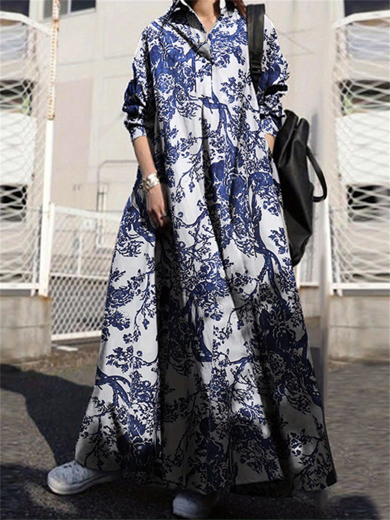 vlovelaw Ethnic Plant Print Oversized Dress, Hidden Pocket Long Sleeve Cotton Vacation Maxi Dress, Women's Clothing