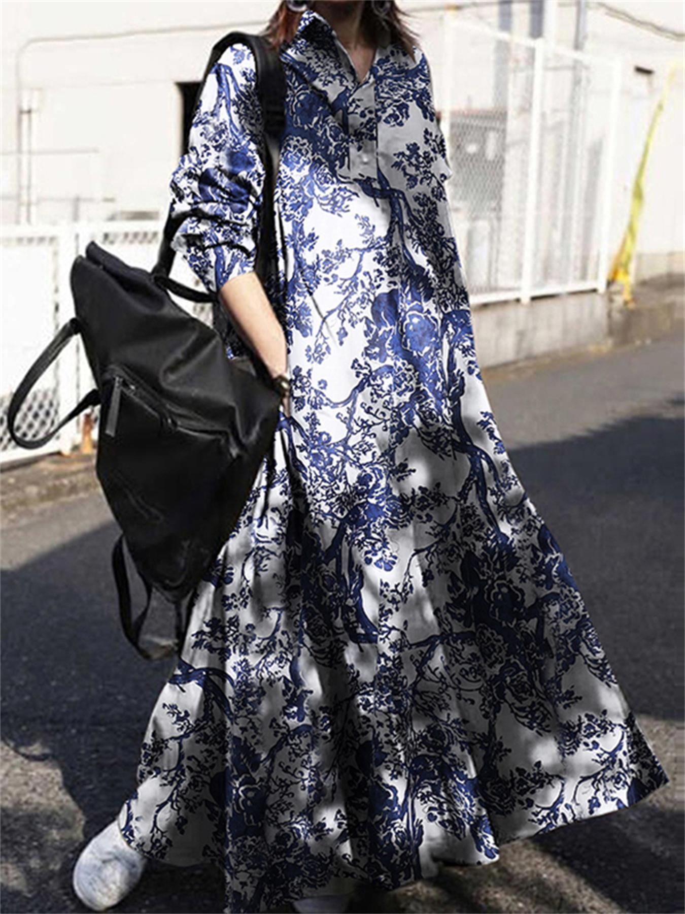 vlovelaw Ethnic Plant Print Oversized Dress, Hidden Pocket Long Sleeve Cotton Vacation Maxi Dress, Women's Clothing