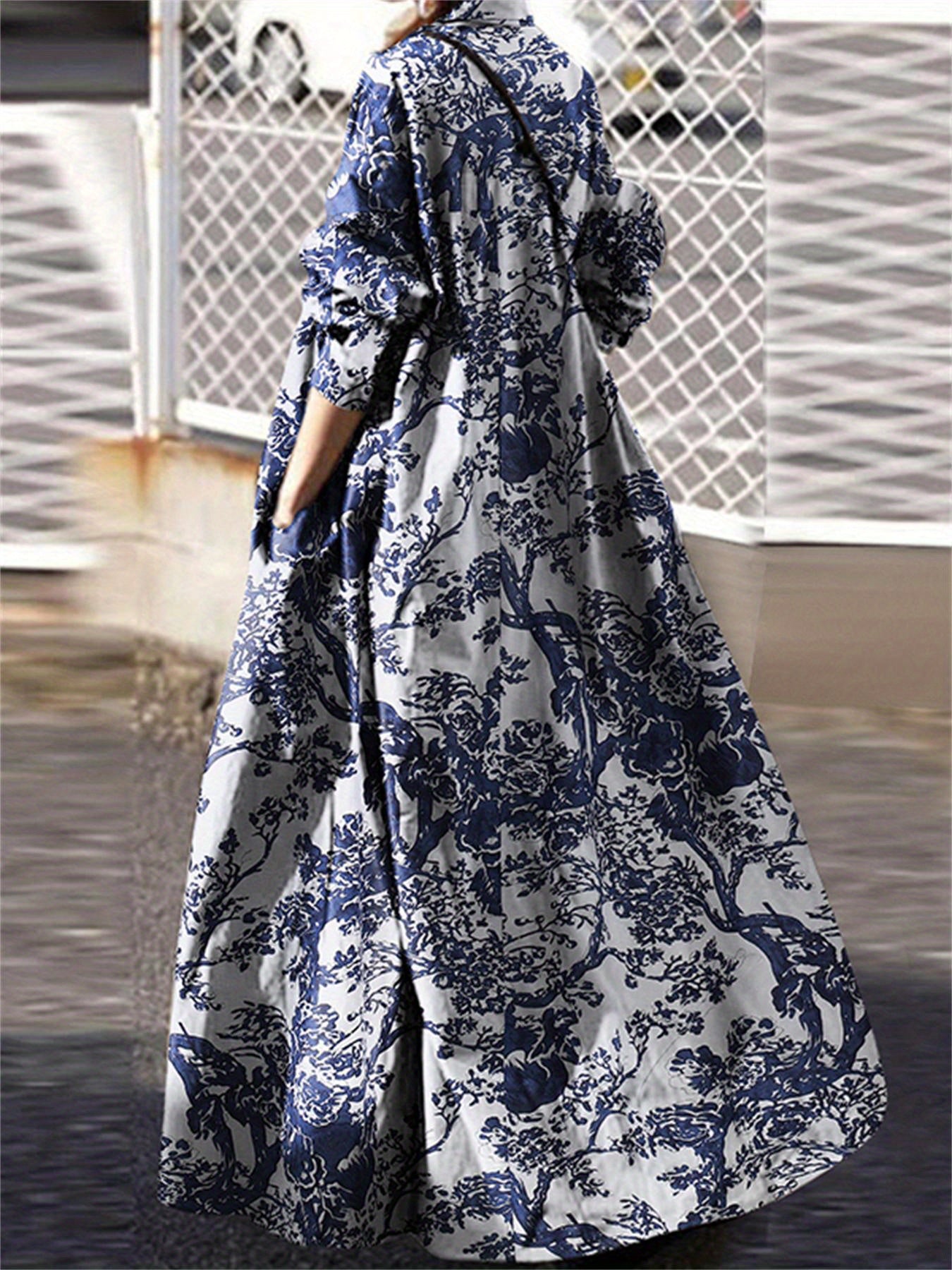 vlovelaw Ethnic Plant Print Oversized Dress, Hidden Pocket Long Sleeve Cotton Vacation Maxi Dress, Women's Clothing
