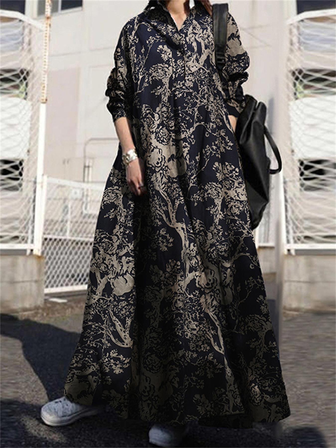 vlovelaw Ethnic Plant Print Oversized Dress, Hidden Pocket Long Sleeve Cotton Vacation Maxi Dress, Women's Clothing