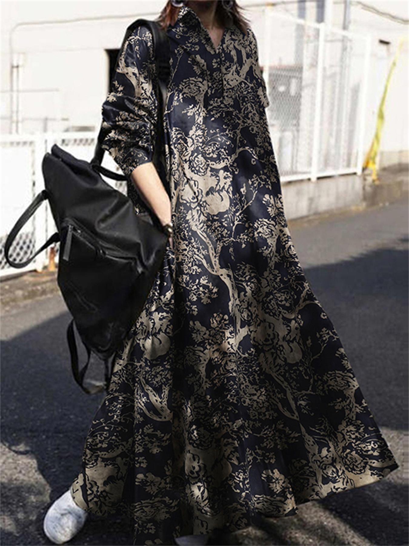vlovelaw Ethnic Plant Print Oversized Dress, Hidden Pocket Long Sleeve Cotton Vacation Maxi Dress, Women's Clothing