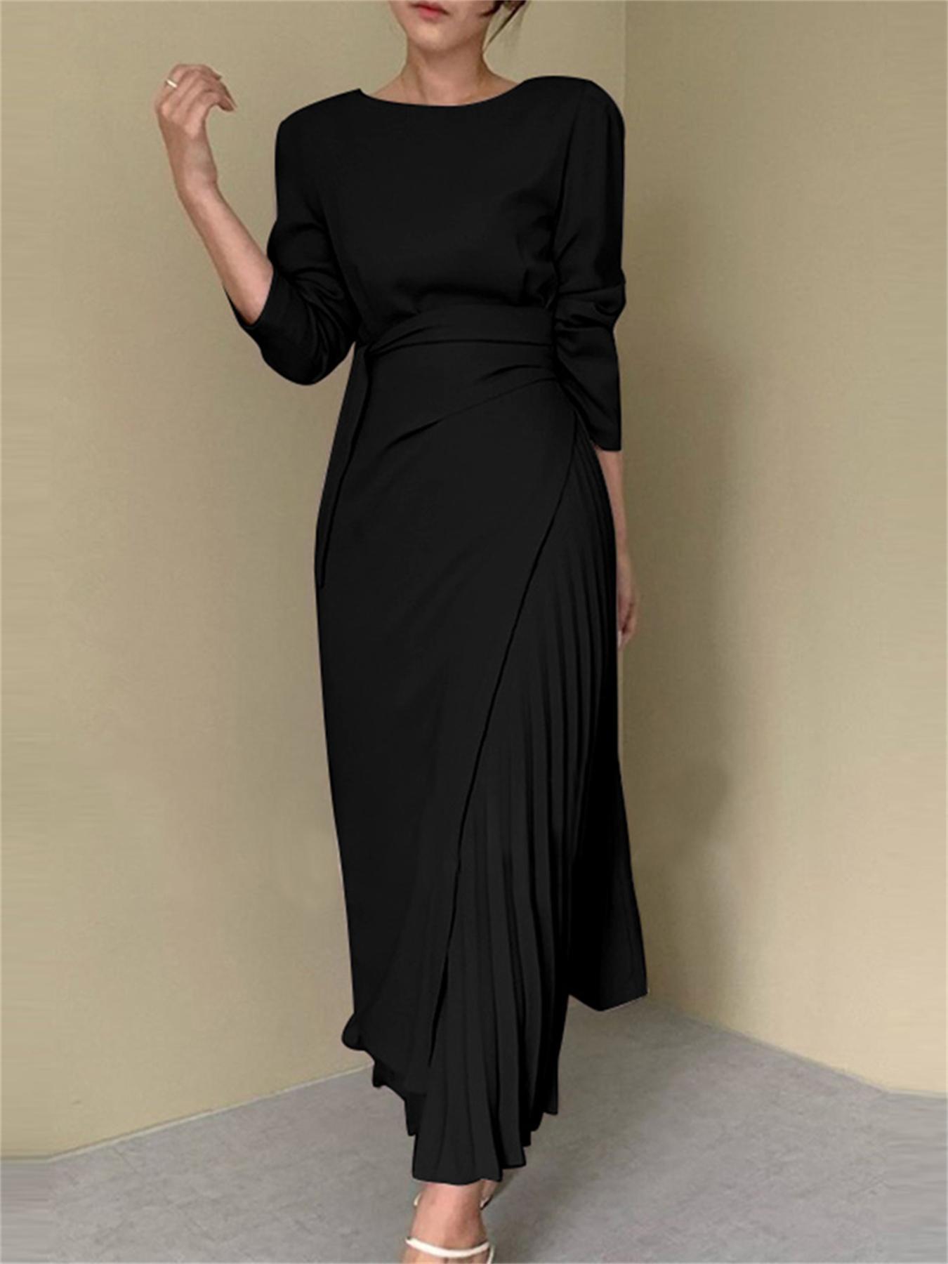 vlovelaw Solid Color Boat Neck Dress, Elegant Long Sleeve Dress For Spring & Fall, Women's Clothing